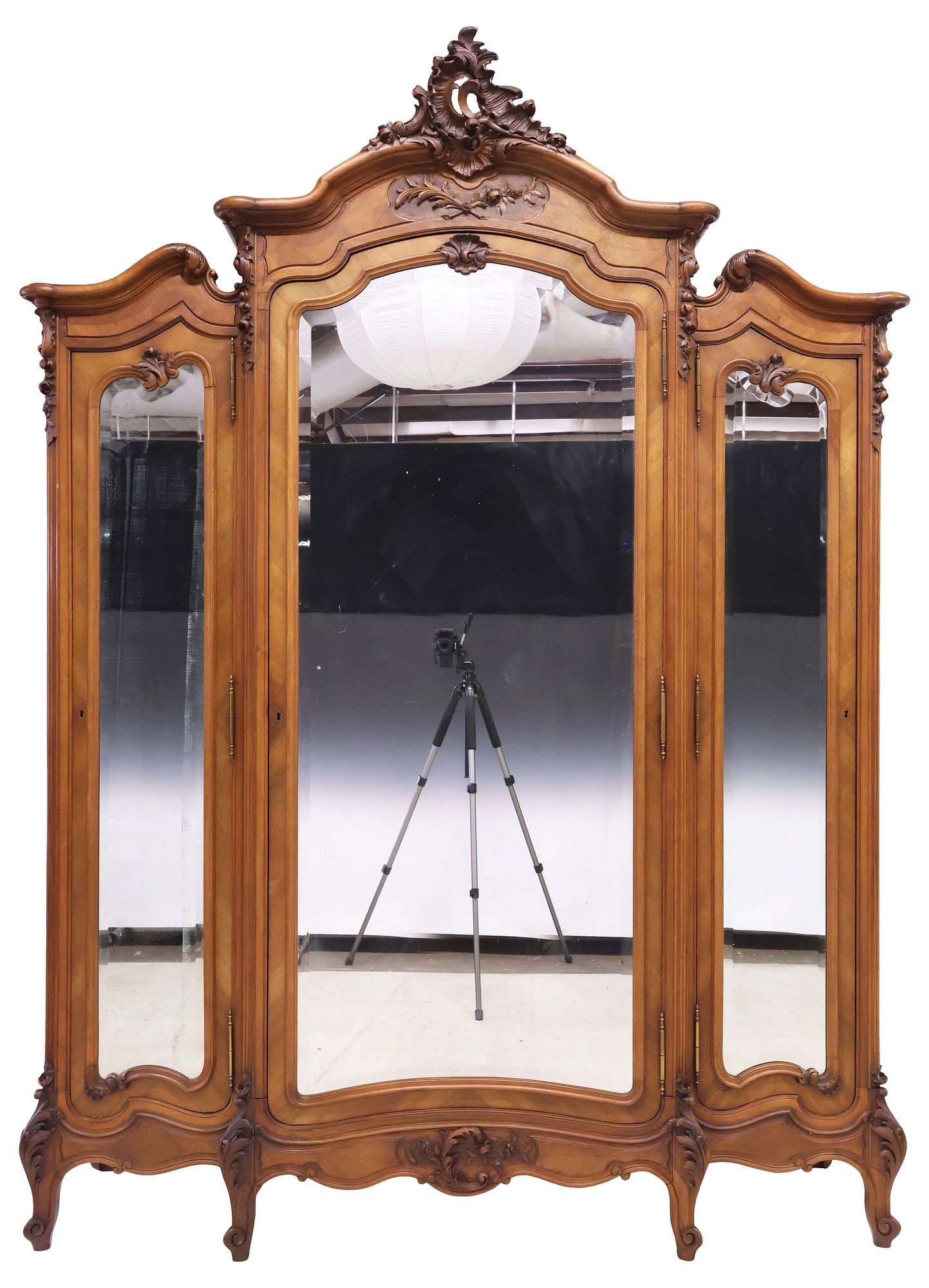 MONUMENTAL FRENCH LOUIS XV STYLE CARVED WALNUT MIRRORED ARMOIRE, 106"H - 3
