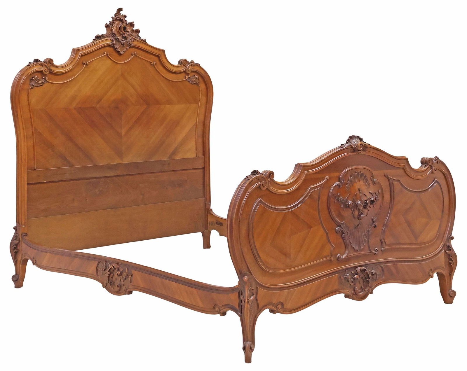 FRENCH LOUIS XV STYLE MATCHED-VENEER & CARVED WALNUT BED (1 of 5)