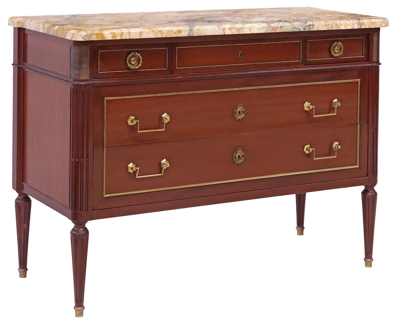 FRENCH LOUIS XVI STYLE MARBLE-TOP MAHOGANY COMMODE: French Louis XVI style mahogany commode, early 20th c., having shaped marble top, over three frieze drawers with gilt-metal beaded trim, and two long drawers with banded trim, rising on tapering flute