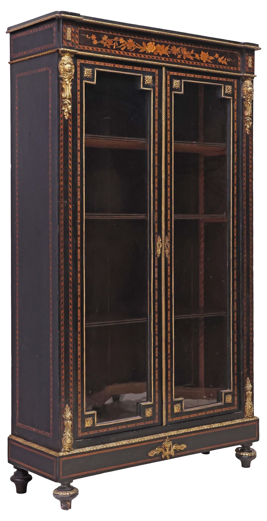 FRENCH NAPOLEON III MARQUETRY-INLAID & EBONIZED DISPLAY BOOKCASE: French Napoleon III period ebonized display bookcase, late 19th c., having frieze with foliate marquetry inlay, banded parquetry and gilt-metal trim, over dual glazed cabinet doors, enclosing