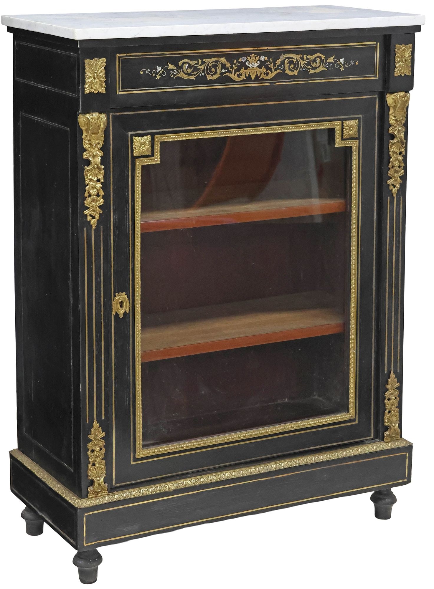 FRENCH NAPOLEON III MARQUETRY-INLAID EBONIZED DISPLAY CABINET: French Napoleon III period ebonized display cabinet, late 19th c., having rectangular marble top, over frieze with cut-brass marquetry and mother-of-pearl inlay, with gilt-metal accents, fitted with g