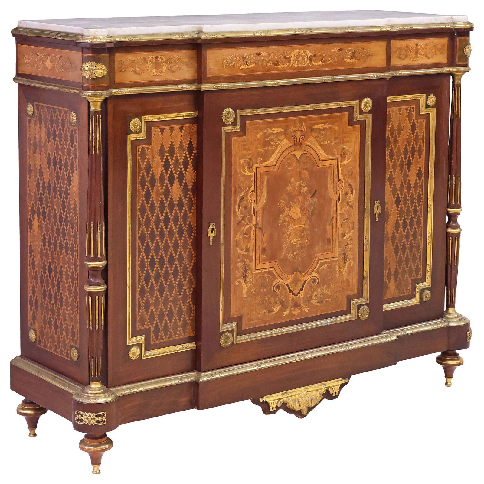FRENCH NAPOLEON III PERIOD MARBLE-TOP PARQUETRY & MARQUETRY CABINET: French Napoleon III breakfront cabinet, late 19th c., having shaped inset marble top, over case with incised gilt-metal trim, central door with scrolling foliate and floral marquetry, framed by parcel