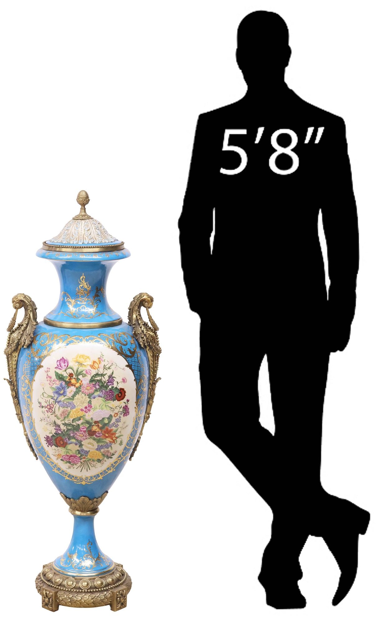 LARGE SEVRES STYLE GILT METAL-MOUNTED PORCELAIN FLOOR VASE & COVER, 46"H: Large Sevres style porcelain floor vase and cover, 20th c., adorned throughout with gilt-metal mounts, having domed cover with pineapple finial and beaded trim, baluster-form body flanked by dual bail