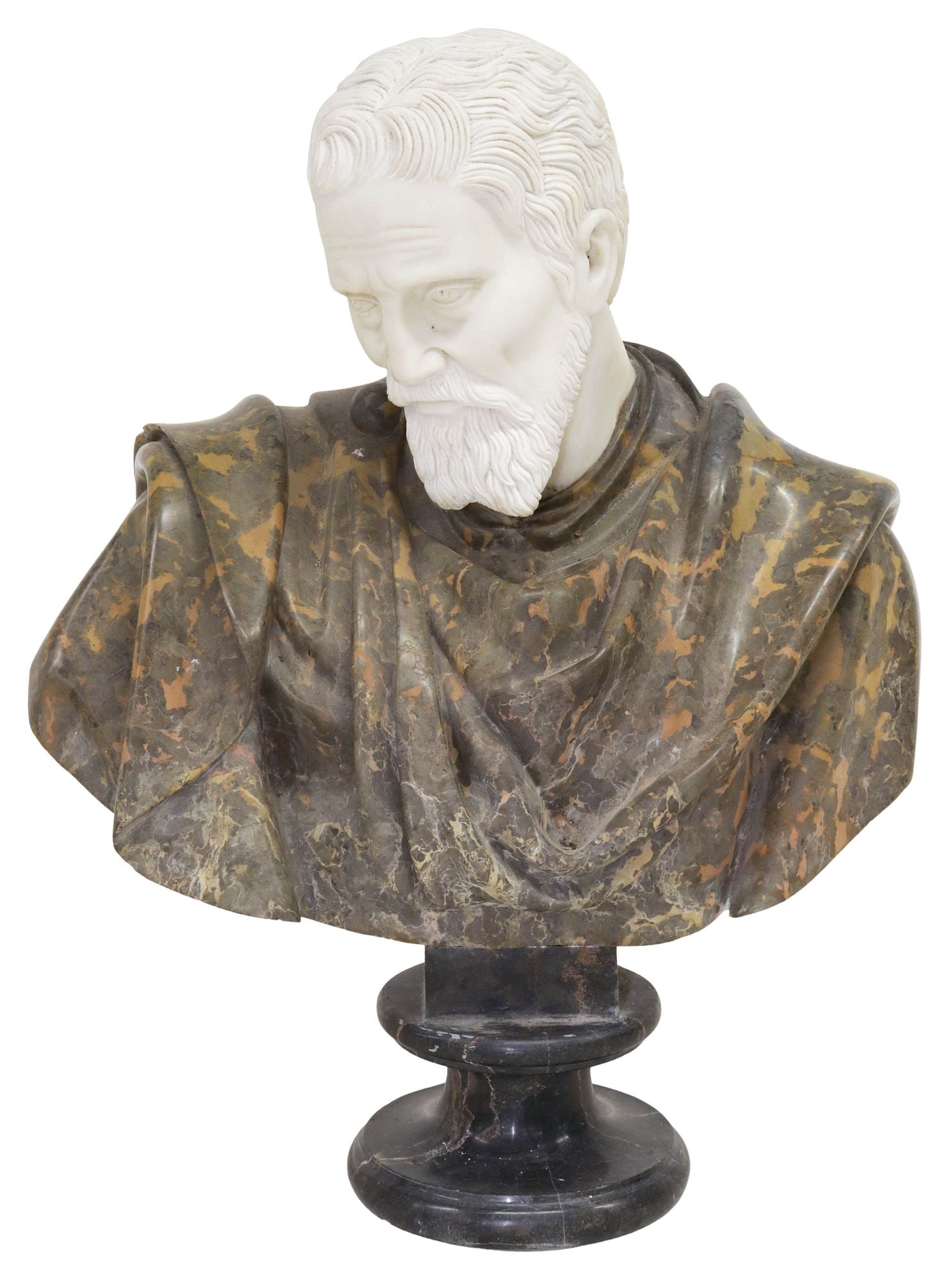 LARGE CLASSICAL STYLE POLYCHROME MARBLE BUST, PHILOSOPHER, 32"H: Classical style polychrome and white marble sculpture, Bust of a Greek or Roman philosopher, on integral plinth, approx 32"h, 23.5"w, 10.5"d