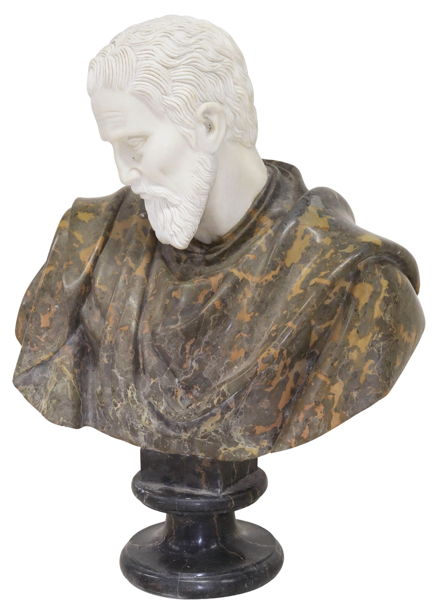 LARGE CLASSICAL STYLE POLYCHROME MARBLE BUST, PHILOSOPHER, 32"H - 2