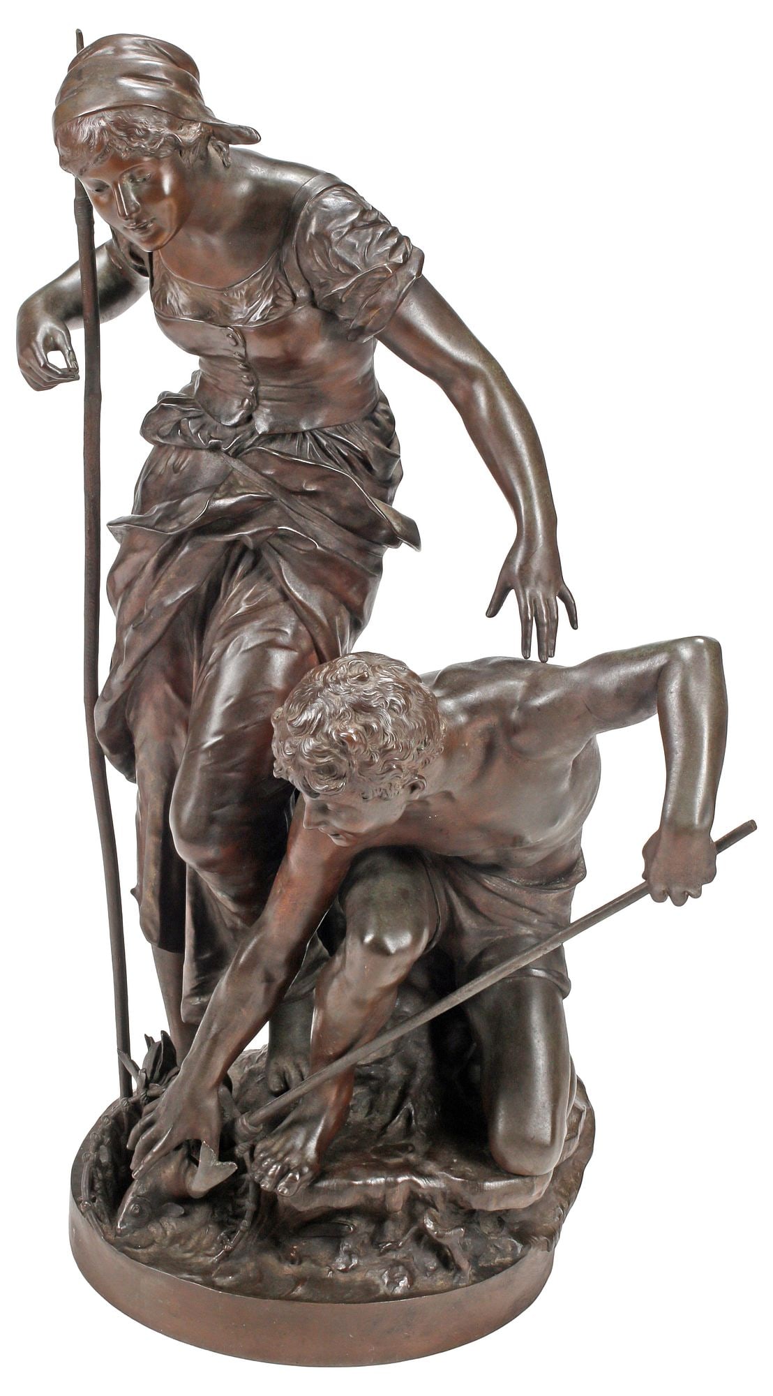 AFTER JULES FELIX COUTAN (D.1939) BRONZE SCULPTURE, THE FISHERMEN: Patinated bronze figural sculpture, Two Fishermen, signed in cast after Jules Felix Coutan (French, 1848-1939), on integral base, approx 32"h, 20"w, 12"d