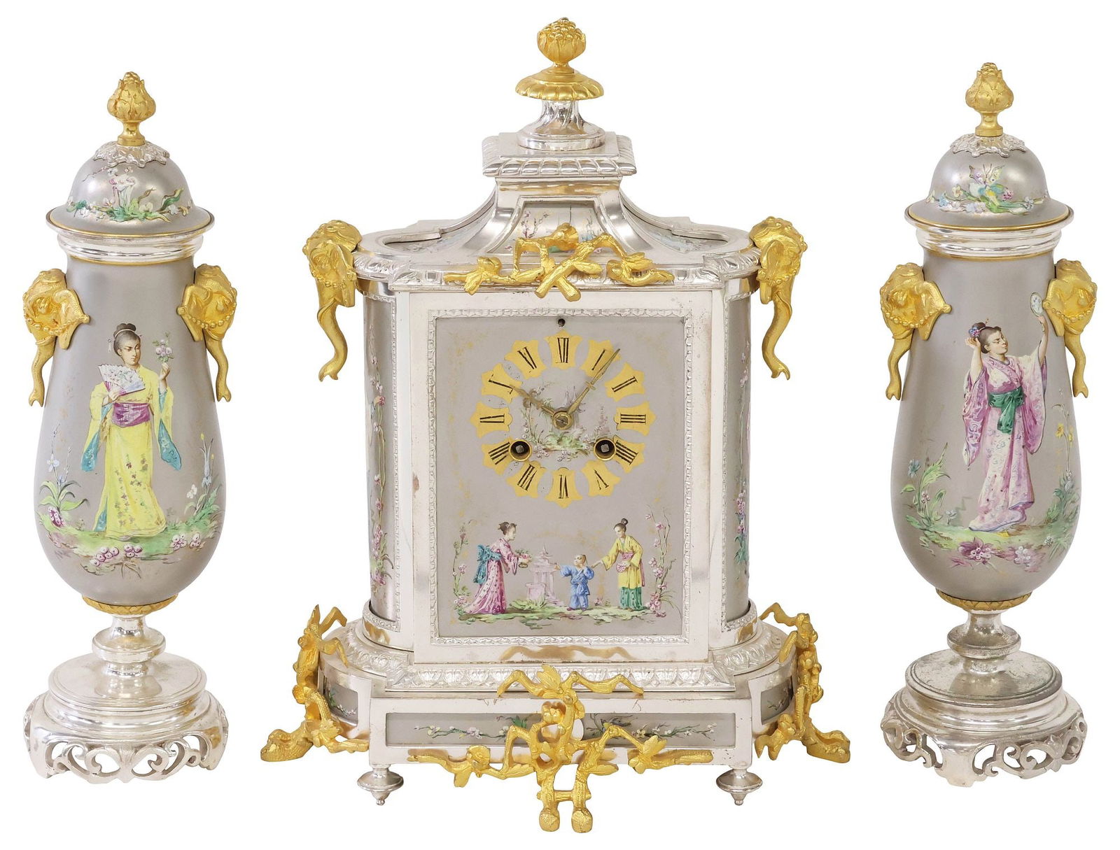 (3) FINE FRENCH SILVERED & GILT-BRONZE CHINOISERIE MANTEL CLOCK & GARNITURE SET (1 of 5)
