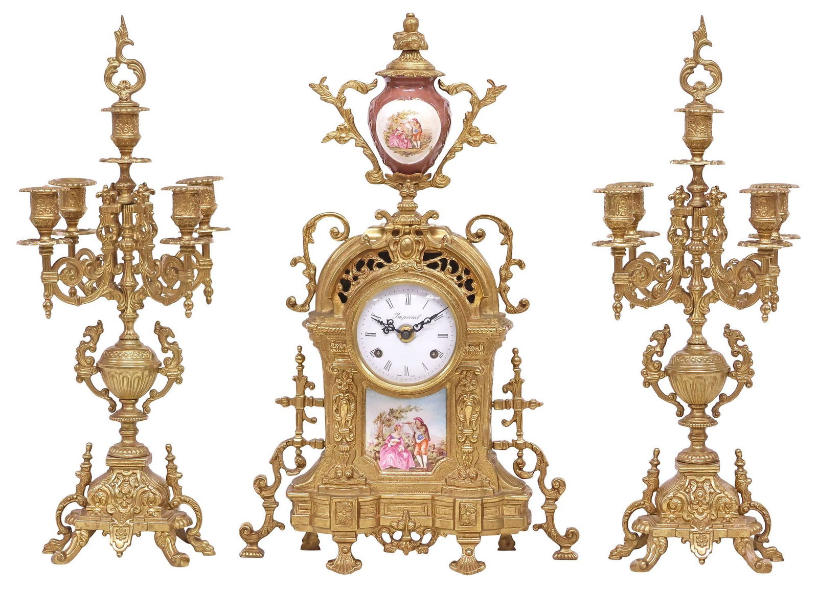 (3) FRANZ HERMLE LOUIS XIV STYLE MANTEL CLOCK & CANDELABRA GARNITURE SET (1 of 9)