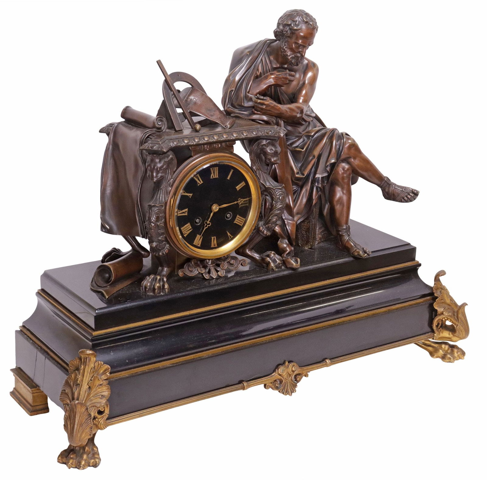 FRENCH NEOCLASSICAL STYLE PATINATED BRONZE & SLATE FIGURAL MANTEL CLOCK (1 of 8)