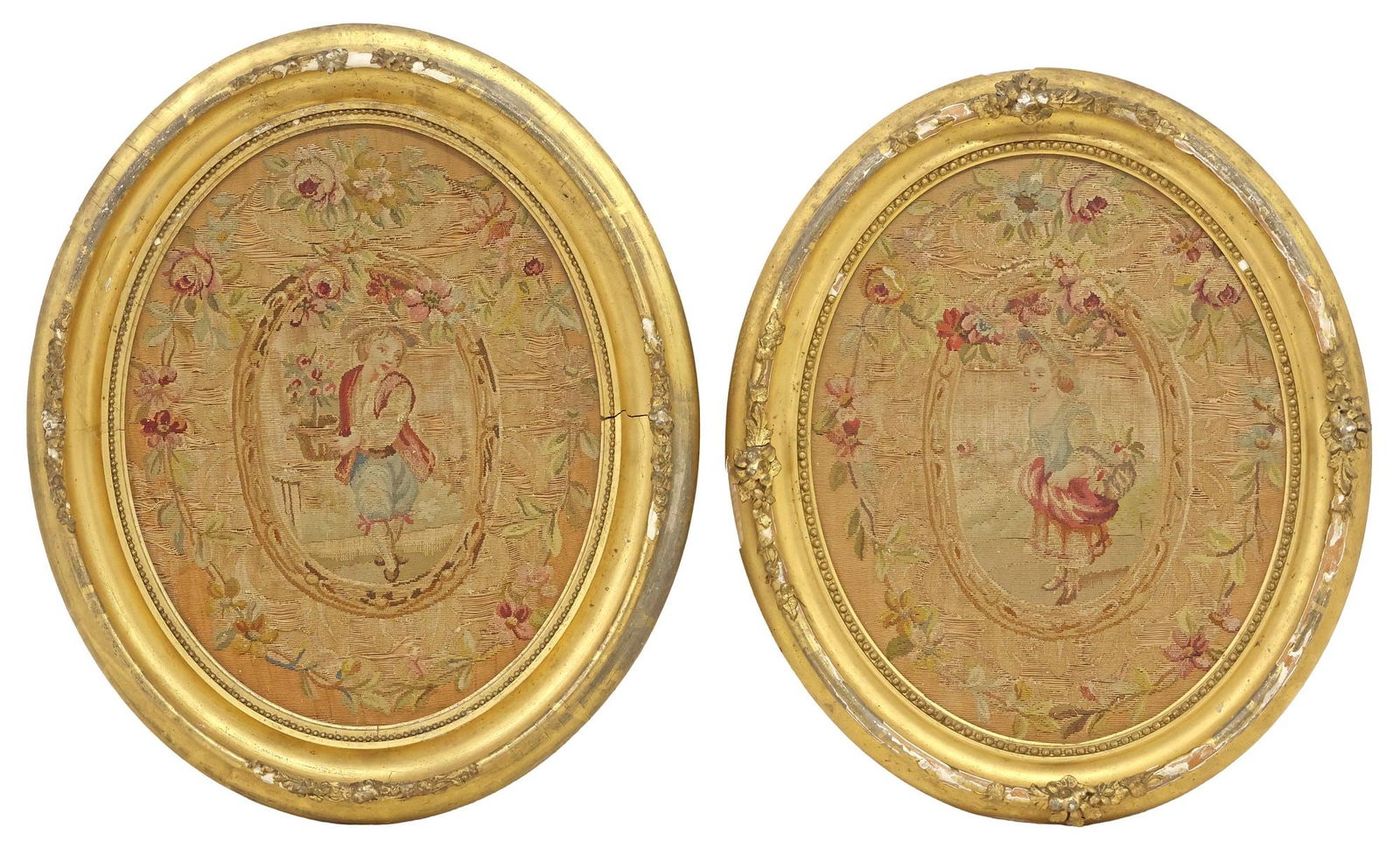 (2) FRAMED FRENCH 19TH C. AUBUSSON TAPESTRY FRAGMENTS, CHILDREN & FLOWERS (1 of 6)