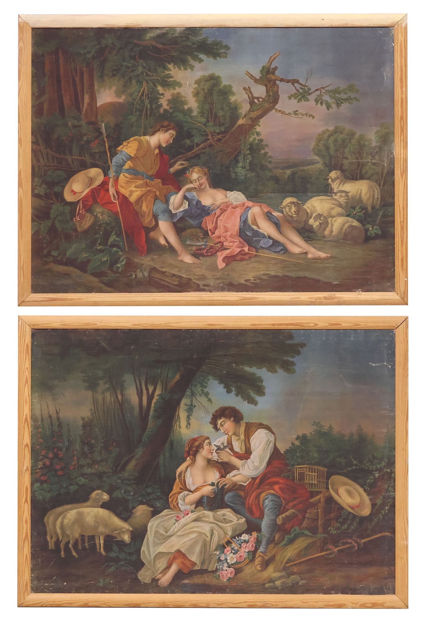 (2) AFTER FRANCOIS BOUCHER (1703-1770) PAINTED ROCOCO-STYLE TAPESTRIES: (lot of 2) Framed Rococo style painted tapestries, each after paintings by Francois Boucher (French, 1703-1770), including: (1) after "The Sleeping Shepherdess," (1) after "La Cage," each sight: