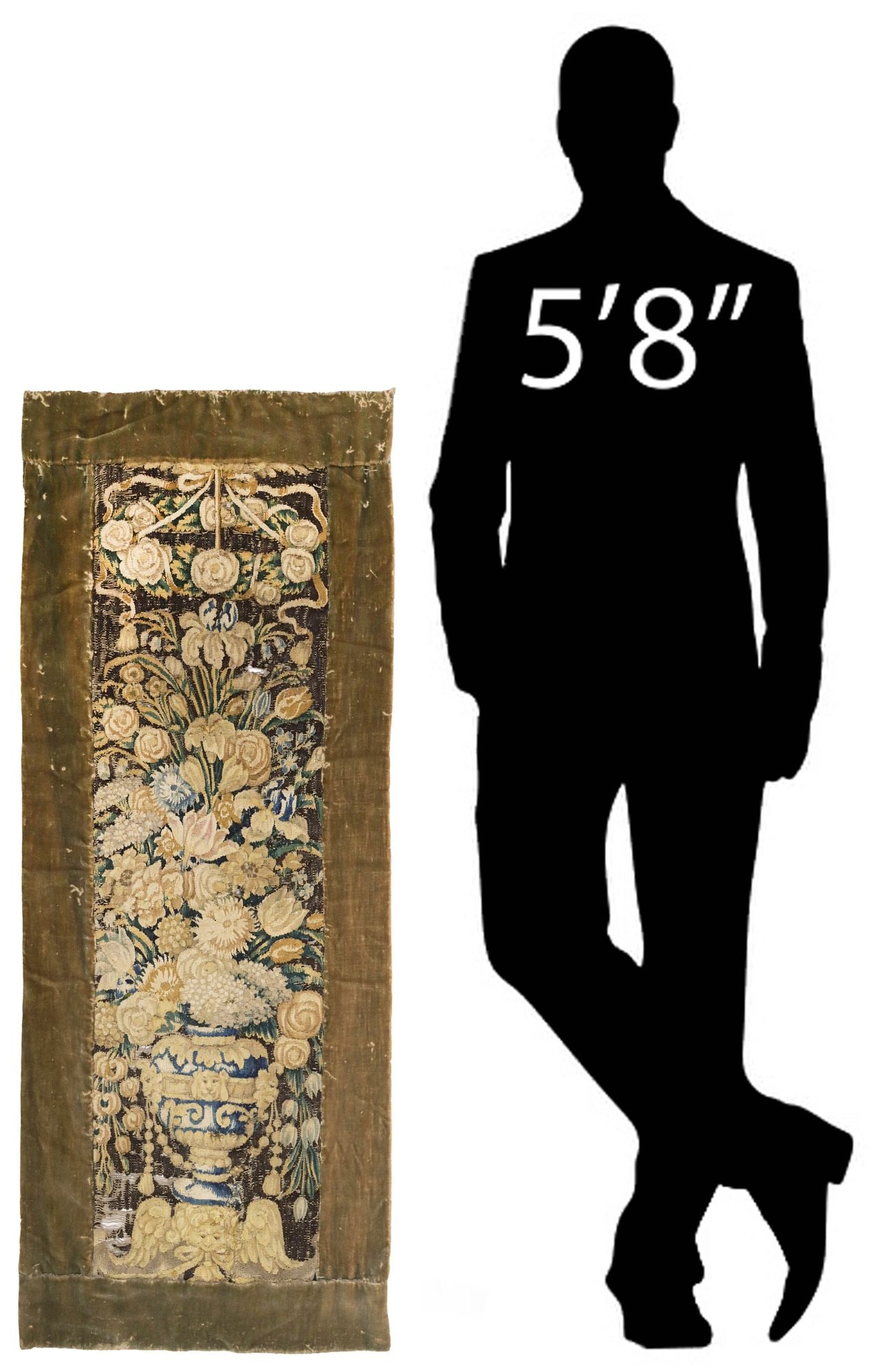 FRENCH AUBUSSON WOVEN TAPESTRY FRAGMENT, FLOWERING URN, 18TH C.: French Aubusson woven tapestry fragment, 18th c., depicting a Neoclassical style blue and white urn bearing a bountiful floral bouquet, with worn green velvet border, expected runs and stitched