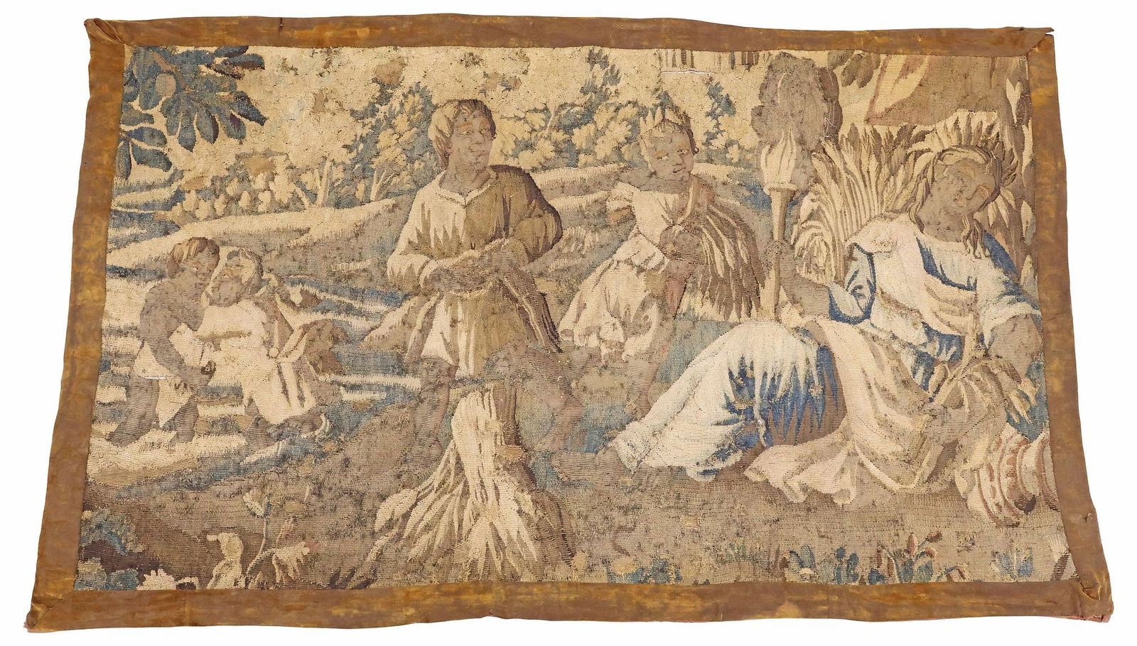 FRENCH AUBUSSON WOVEN TAPESTRY, FIGURES IN VERDANT LANDSCAPE, 18TH C.: French Aubusson woven wool tapestry, 18th c., depicting a draped female figure holding a torch, seated beside two attendants and children, in verdant landscape, with worn mustard velvet border,