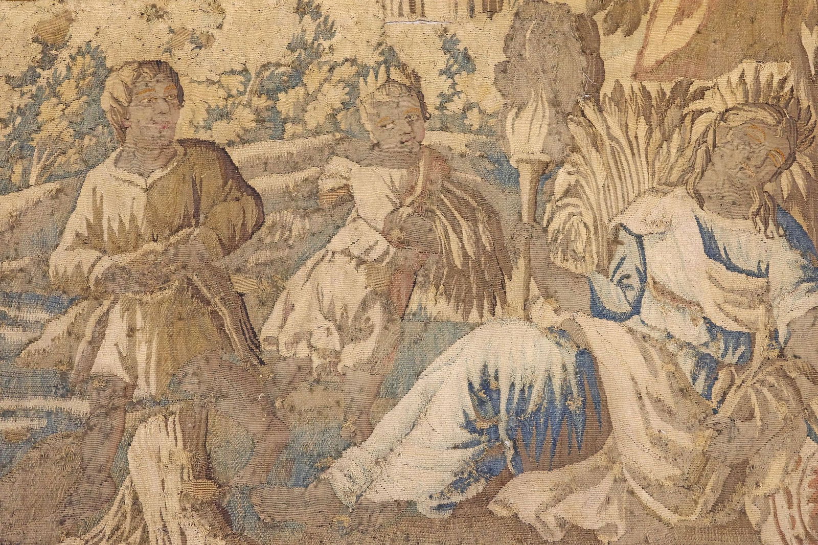 FRENCH AUBUSSON WOVEN TAPESTRY, FIGURES IN VERDANT LANDSCAPE, 18TH C. - 2