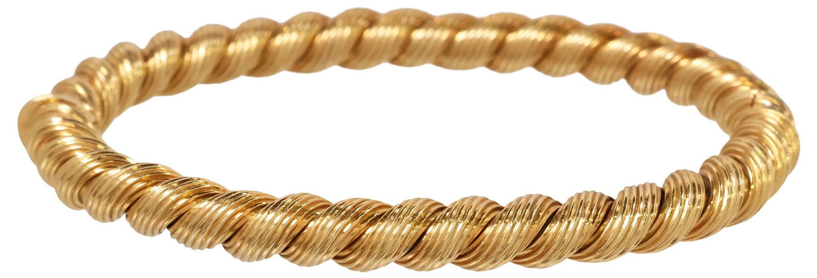 ESTATE 18KT YELLOW GOLD SPIRAL ROPE-FORM HOLLOW BANGLE BRACELET: Estate 18kt yellow gold hollow bangle bracelet, executed in a continuous rope motif, concealed clasp with safety, hallmarked 750, approx 2.25"w, 24.7 grams **NOTE: ALL JEWELRY & COIN LOTS REALIZING OV