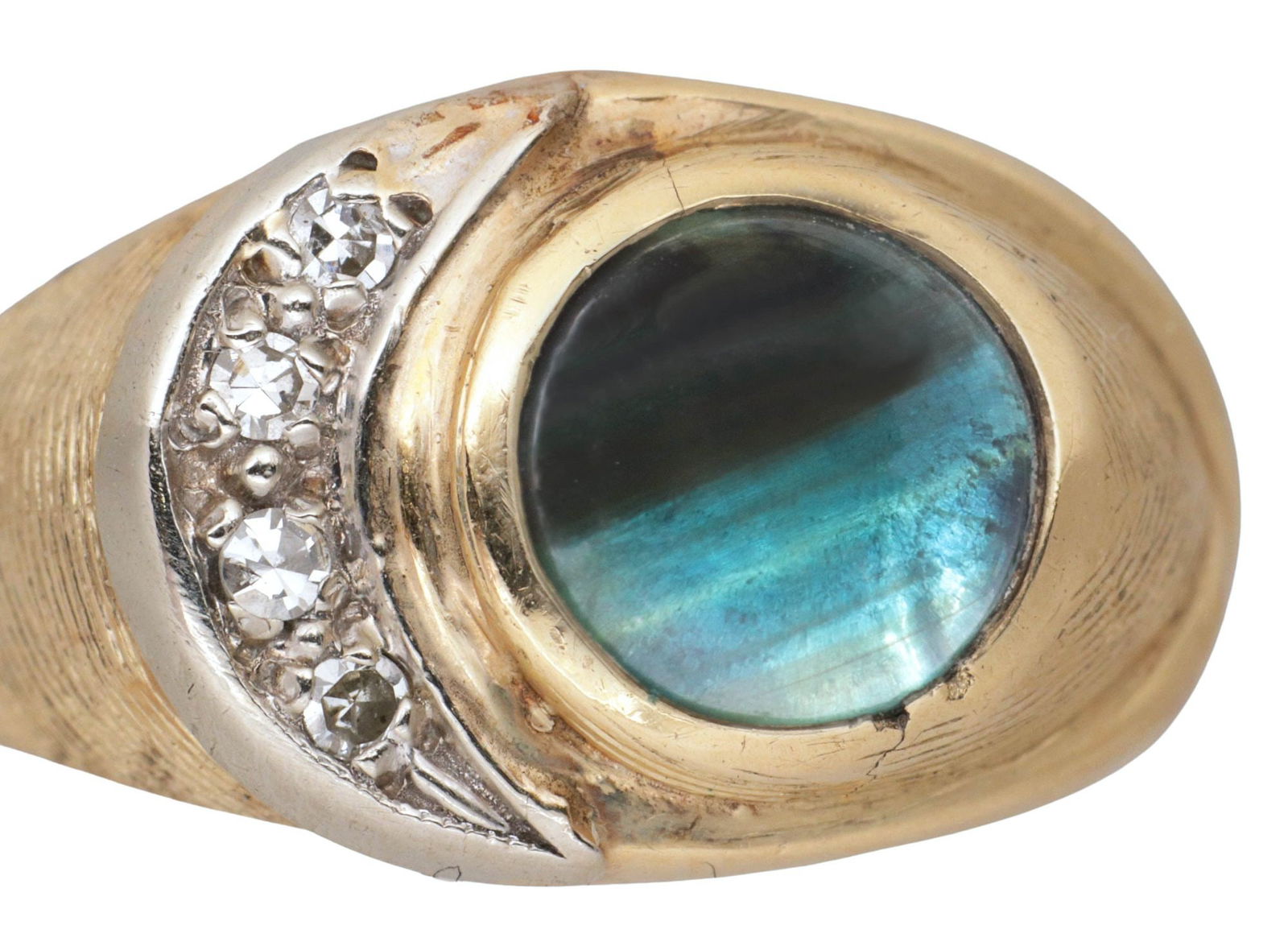 ESTATE 14KT YELLOW GOLD, DIAMOND & NATURAL BLACK SAPPHIRE RING: Estate 14kt yellow gold and gemstone ring, Basco Jewelry Company, Philadelphia, Pennsylvania, a circular black star sapphire (natural) cabochon, approx 2.50cts, beside (four) round-cut diamonds, appro