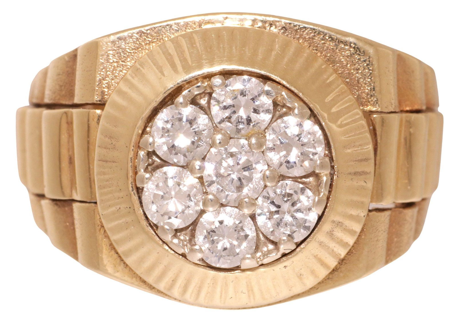 ESTATE GENT'S 14KT GOLD PLATED & 1.00CTTW DIAMOND ROLEX STYLE RING: Estate gent's 14kt yellow gold plated Rolex style ring, set with (seven) round-cut diamonds, approx 1.00cttw, average color: H-I, average clarity: SI, in a fluted circular bezel, on scalloped and sect