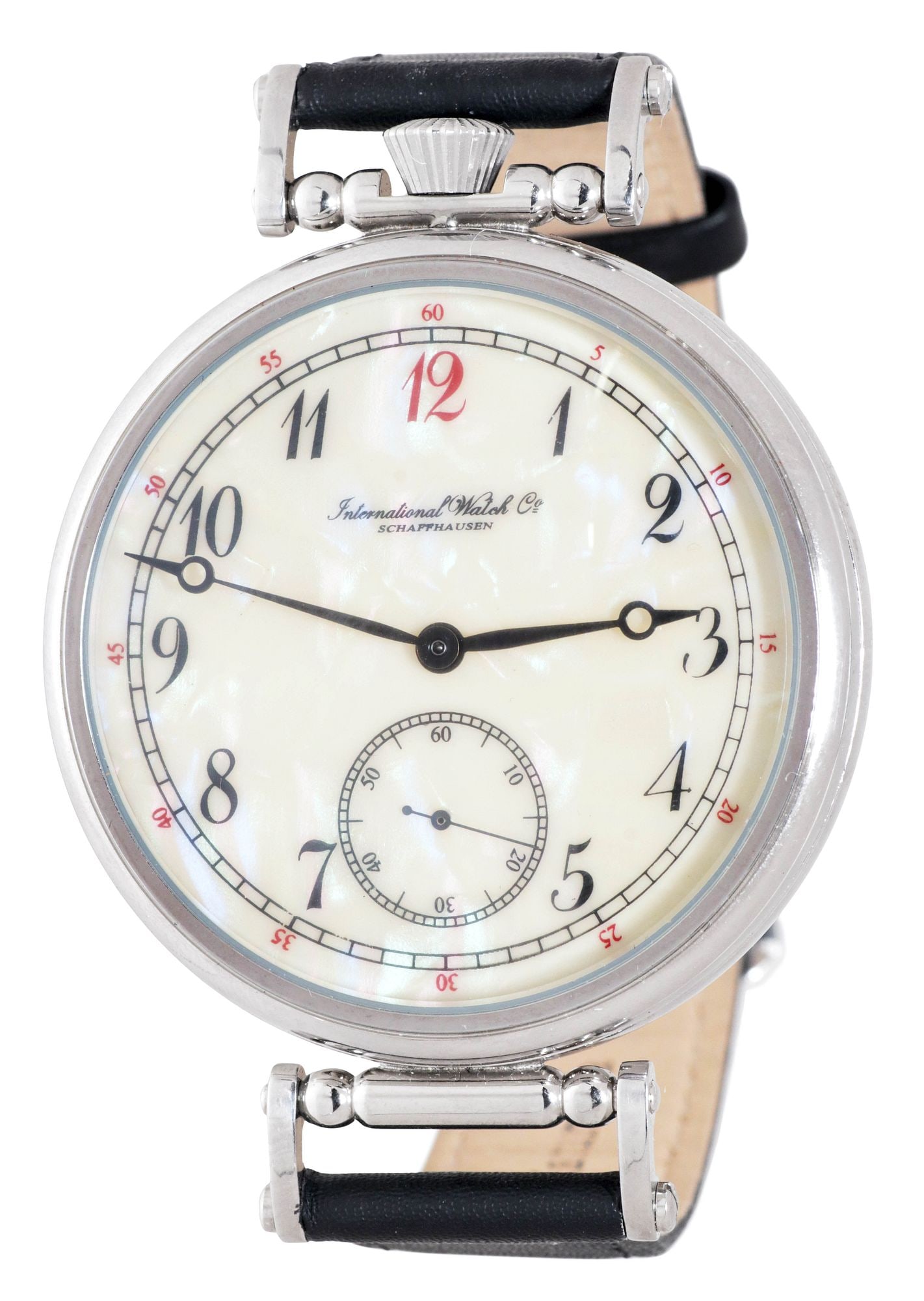 INTERNATIONAL WATCH CO. SCHAUFFAUSEN POCKET WATCH NOW AS WRISTWATCH: International Watch Company Schaffhausen open face pocket watch, having stainless steel case, mother-of-pearl dial with Arabic markers, seconds subdial, model number 3602, serial number 661128, now fa