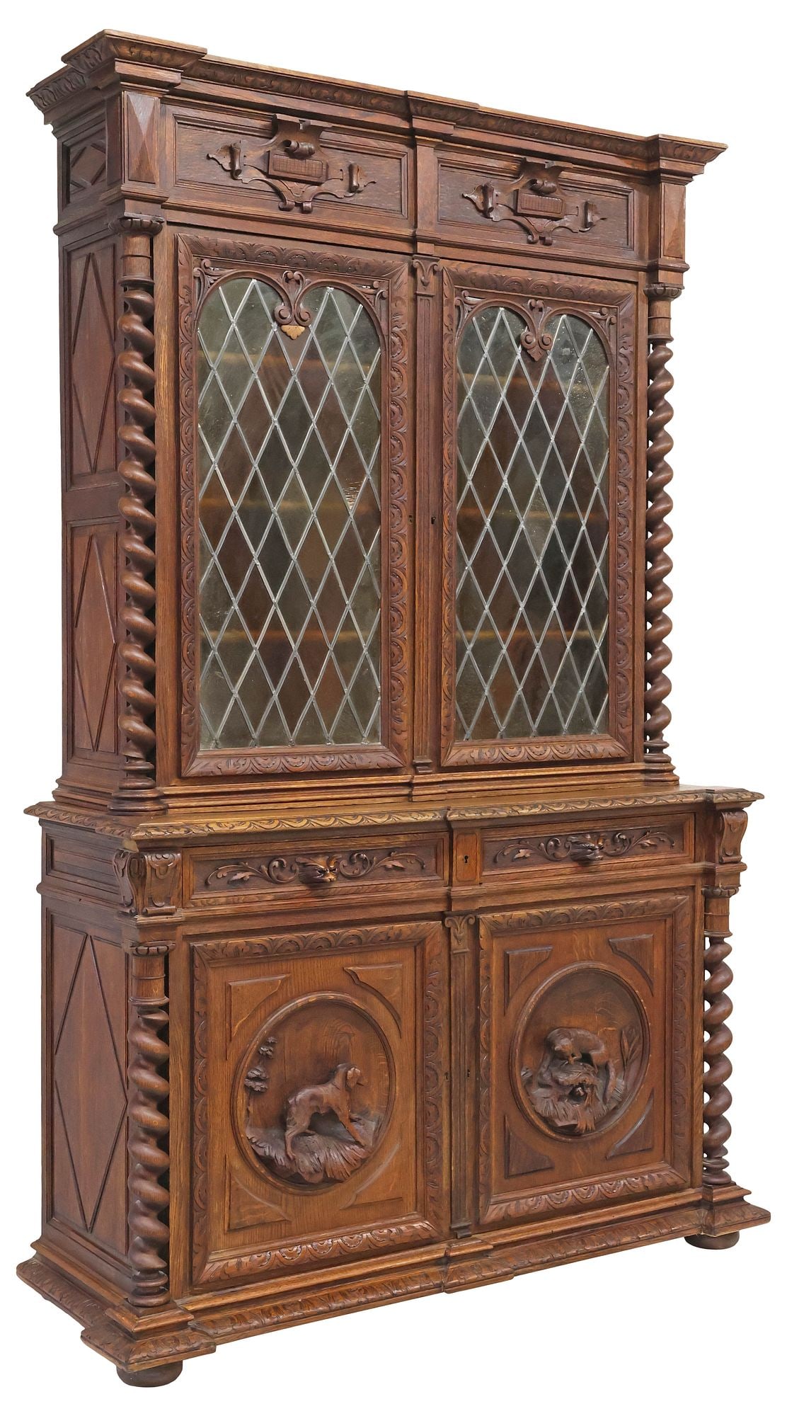 FRENCH HENRI II STYLE CARVED OAK & STAINED GLASS SIDEBOARD (1 of 7)