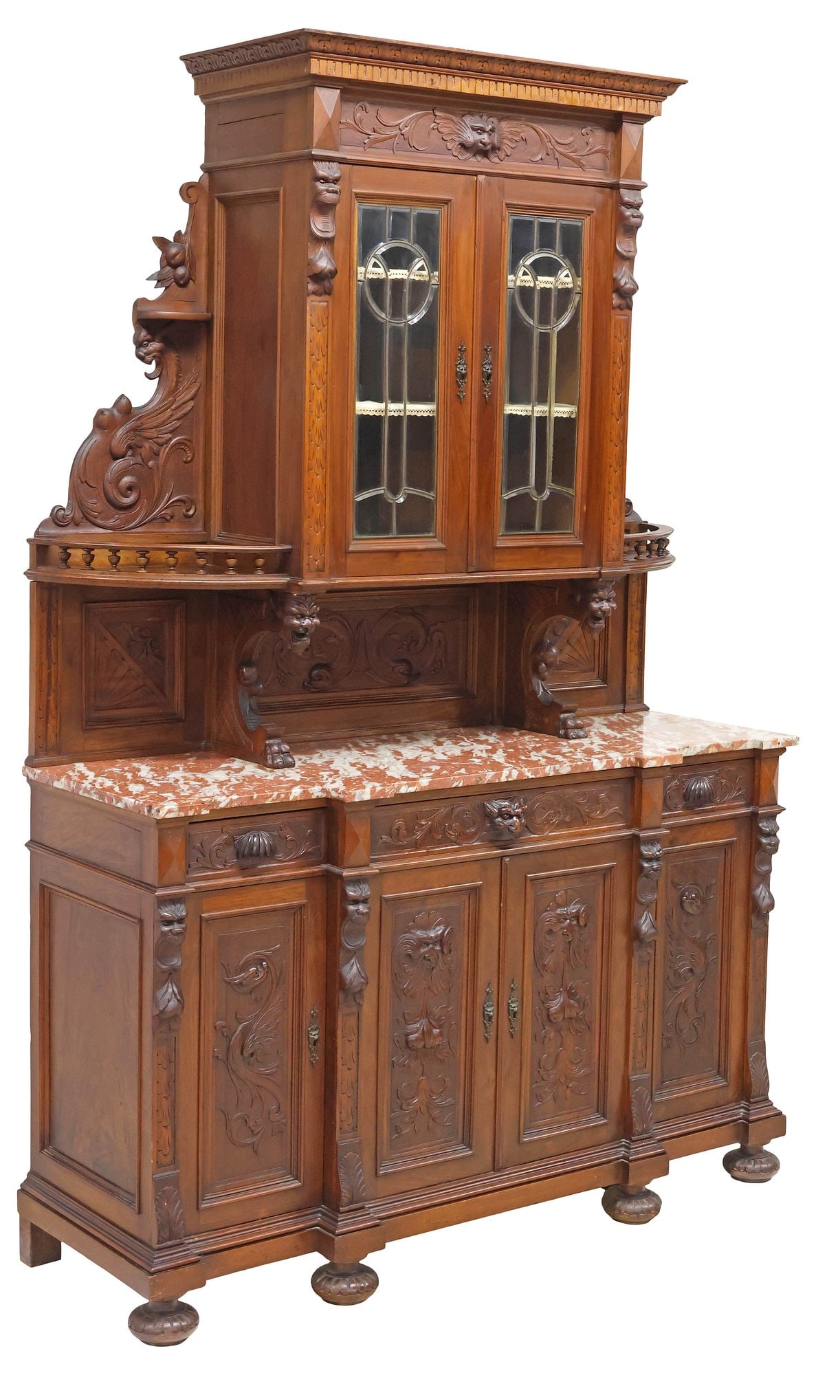 ITALIAN RENAISSANCE REVIVAL CARVED WALNUT & LEADED GLASS SIDEBOARD (1 of 10)