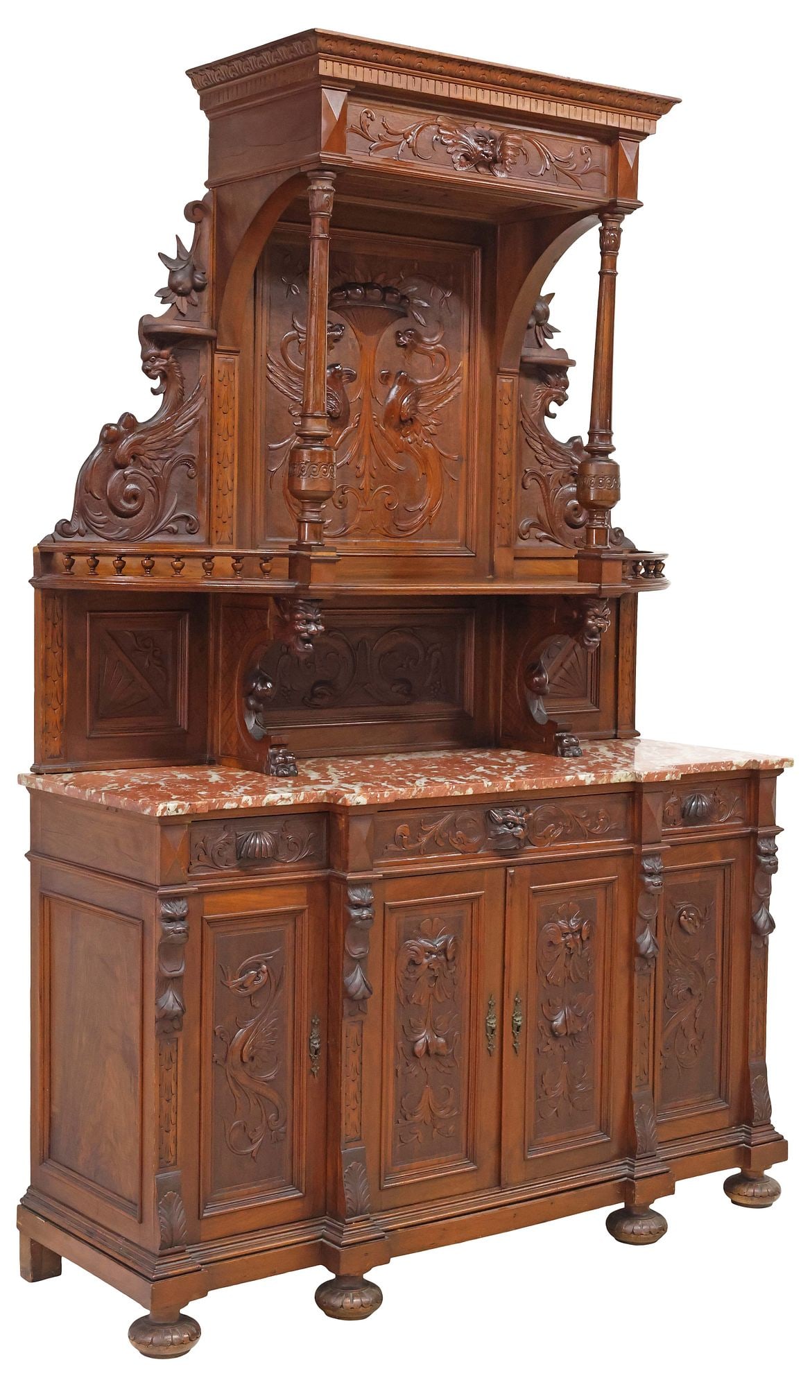 ITALIAN WALNUT RENAISSANCE REVIVAL CARVED MARBLE-TOP SIDEBOARD (1 of 9)