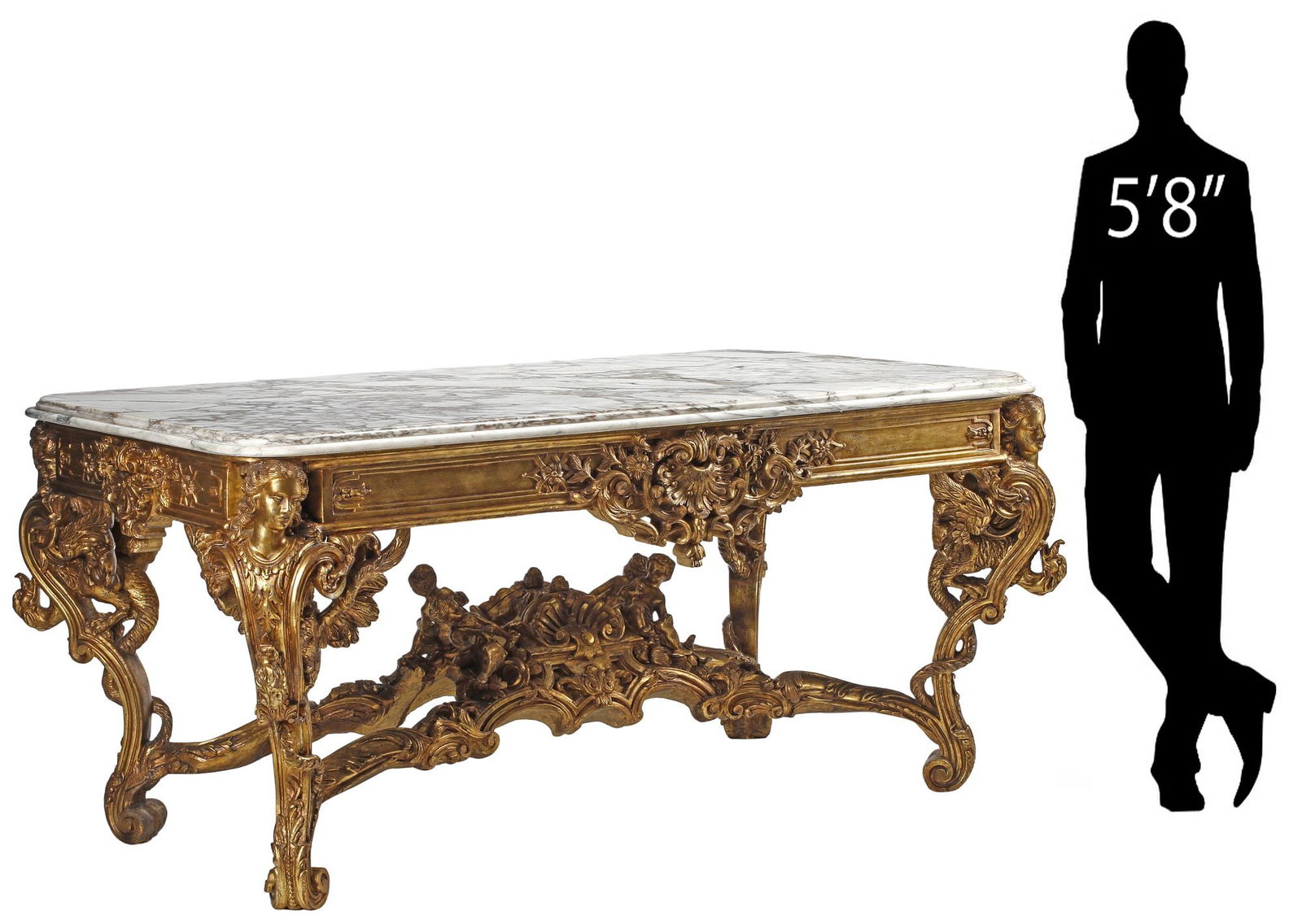 LARGE REGENCE STYLE MARBLE-TOP GILTWOOD SALON TABLE, 78"L (1 of 8)