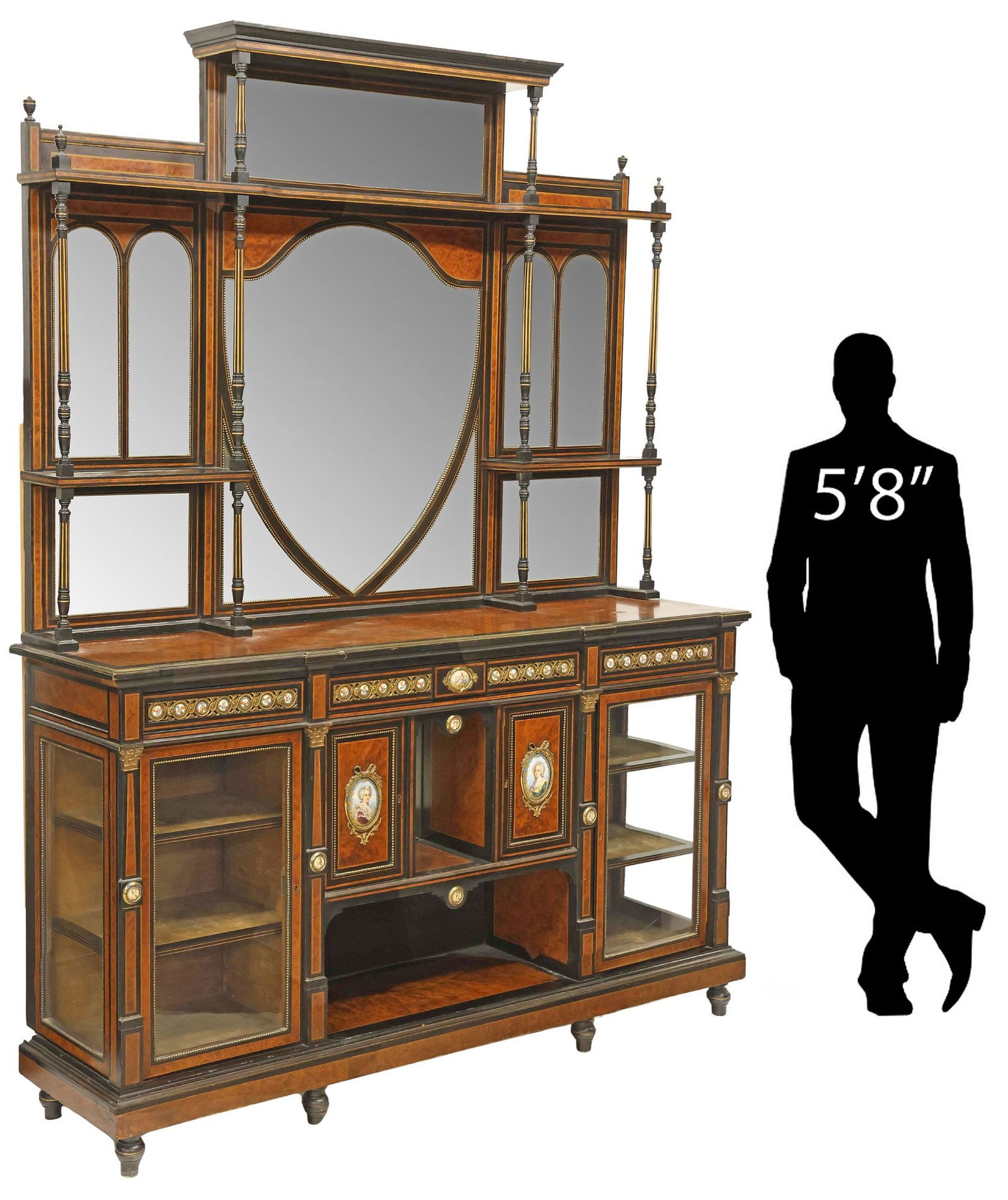 FINE ENGLISH PORCELAIN-INSET & PARCEL-EBONIZED AMBOYNA MIRRORED SIDEBOARD (1 of 9)