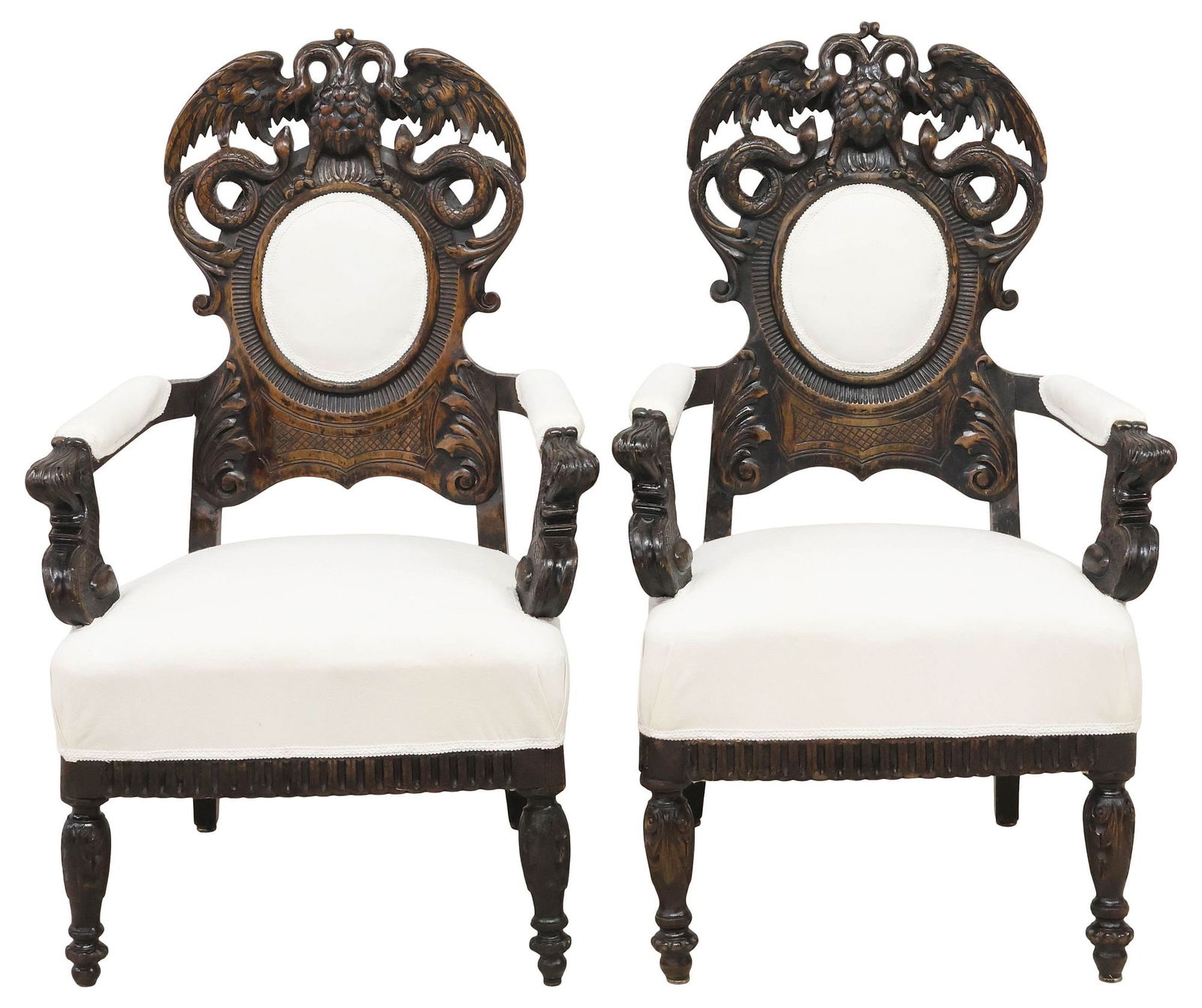 ORNATELY CARVED & UPHOLSTERED DOUBLE-HEADED EAGLE & SNAKE ARMCHAIRS (1 of 4)