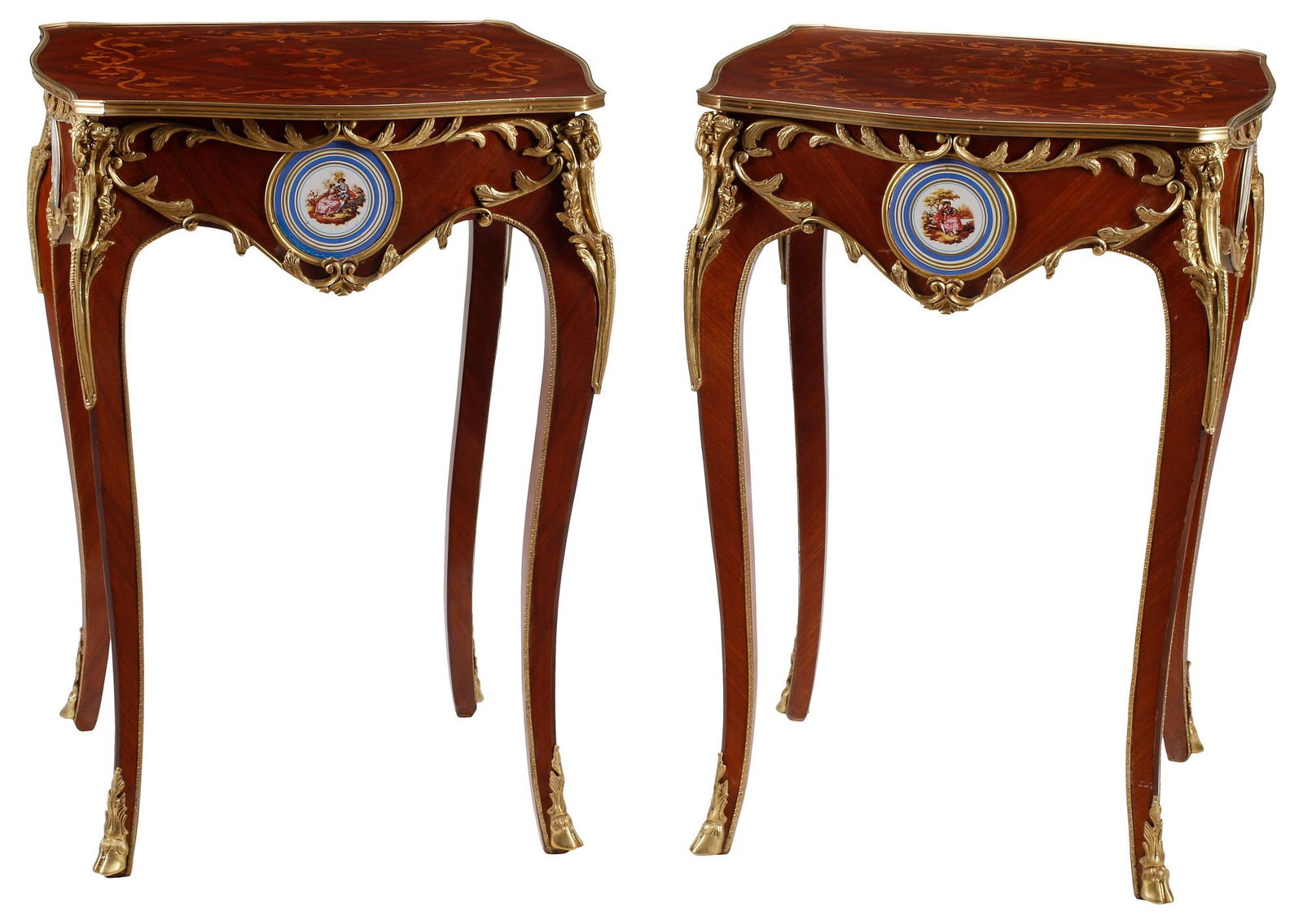 (2) LOUIS XV STYLE PORCELAIN-INSET & ORMOLU-MOUNTED MARQUETRY SIDE TABLES (1 of 5)