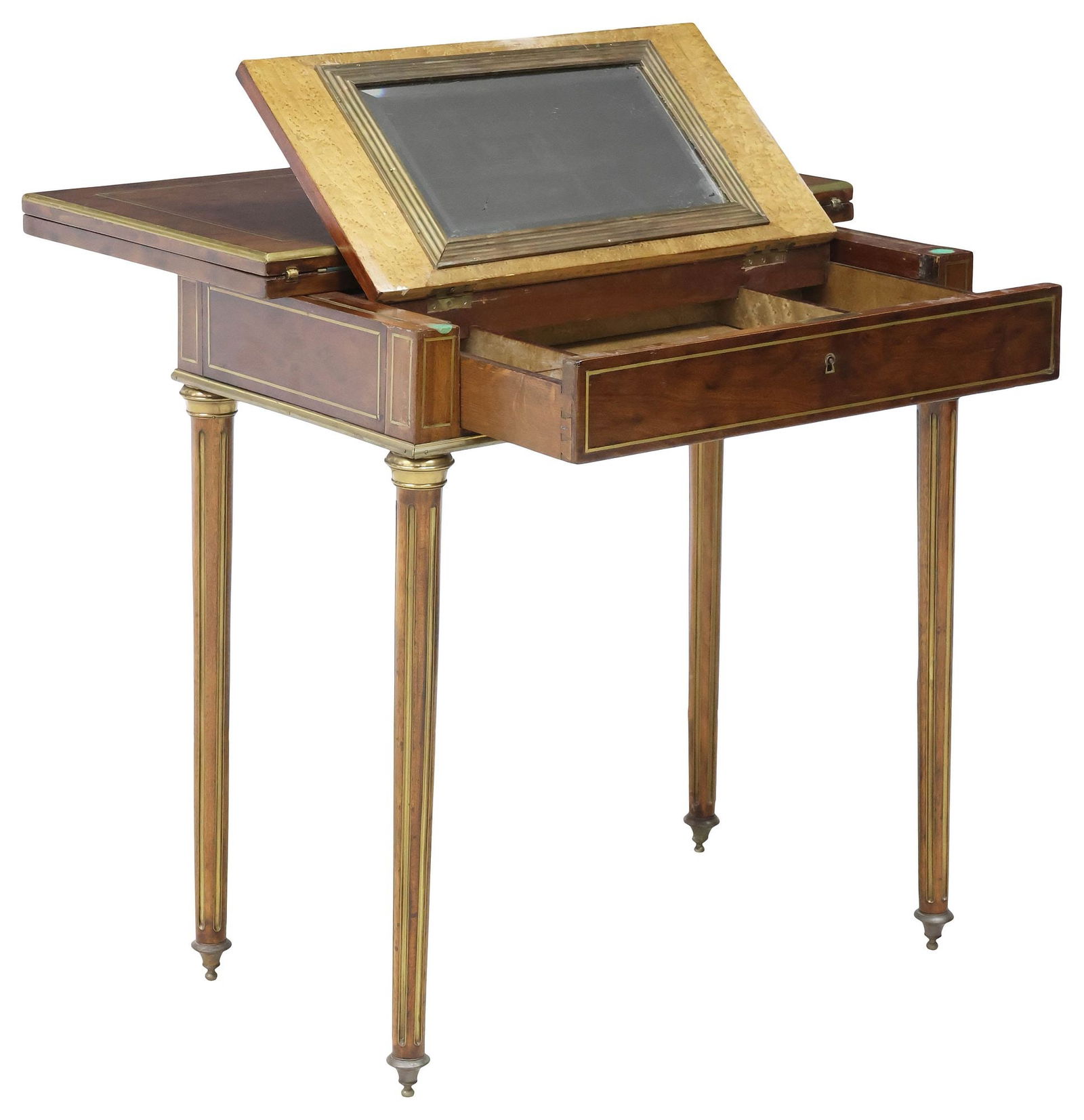 EXCEPTIONAL FRENCH LOUIS XVI STYLE MARQUETRY & CUT BRASS METAMORPHIC TABLE: Exceptional French Louis XVI style "plum pudding" mahogany metamorphic writing and games table, late 19th/ early 20th c., the rectangular top inlaid with cut brass marquetry, opening to reveal a felte