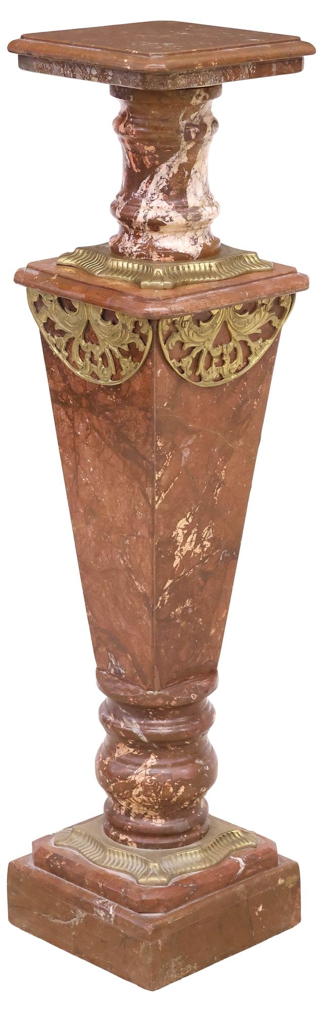CONTINENTAL ROUGE MARBLE & GILT-METAL DISPLAY PEDESTAL: Continental rouge marble display pedestal/ plant stand, 20th c., having squared top with canted angles, rising on turned support, over tapered standard with pierced gilt-metal mounts, ending on steppe