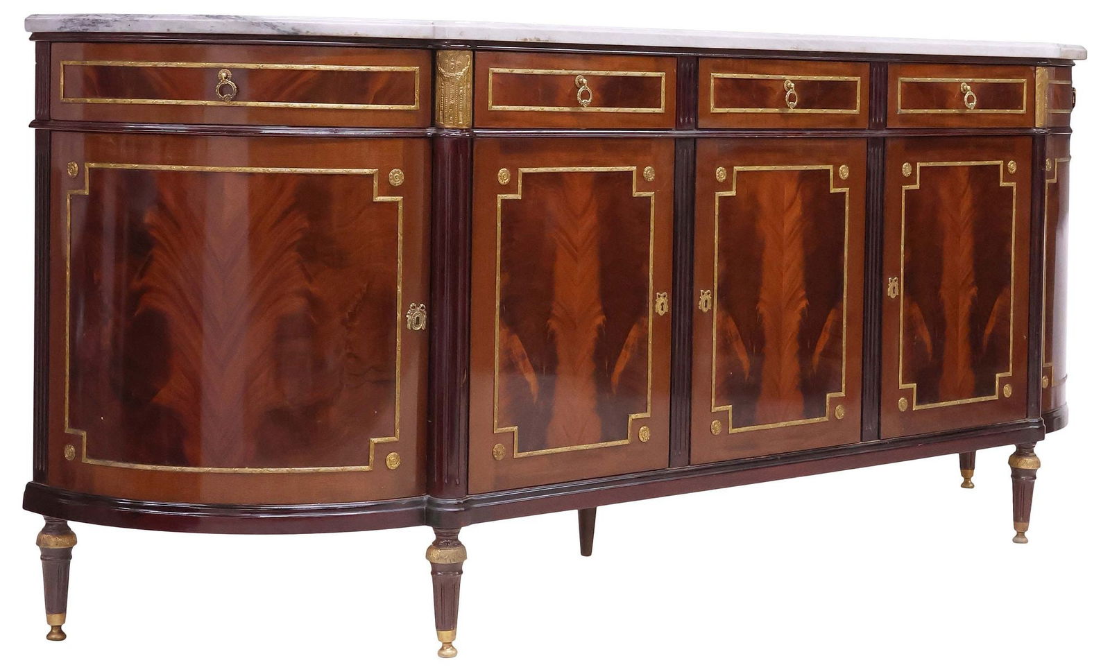 FRENCH LOUIS XVI STYLE MARBLE-TOP FLAME MAHOGANY SIDEBOARD: French Louis XVI style flame mahogany sideboard, 20th c., having shaped marble top, over conforming case, fitted with five drawers and five cabinets, mounted with gilt-metal trim, doors enclosing adju