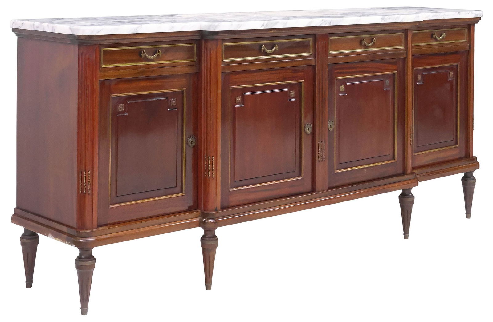 FRENCH LOUIS XVI STYLE MARBLE-TOP MAHOGANY BREAKFRONT SIDEBOARD: French Louis XVI style mahogany sideboard, 20th c., having shaped marble top, over breakfront case, fitted with four drawers and four cabinet doors, mounted with gilt-metal banding, interior fitted wi