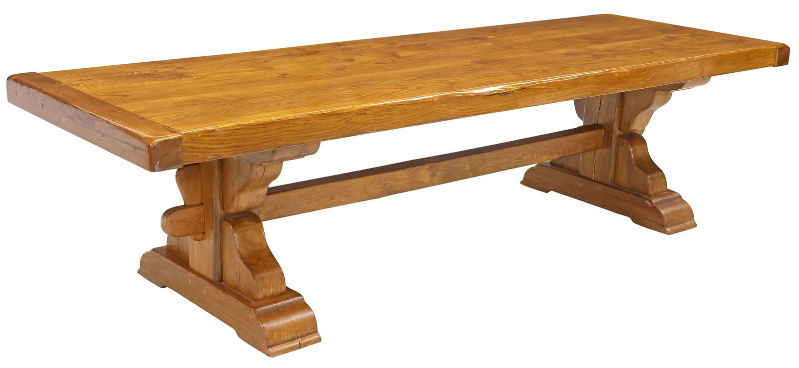 FRENCH PROVINCIAL OAK MONASTERY / REFECTORY TRESTLE TABLE, 118"L: French Provincial oak monastery/ refectory table, 20th c., having thick slab top with breadboard ends, raised on trestle supports, joined by mortise and tenon cross-stretcher, ending on shoe feet, sma