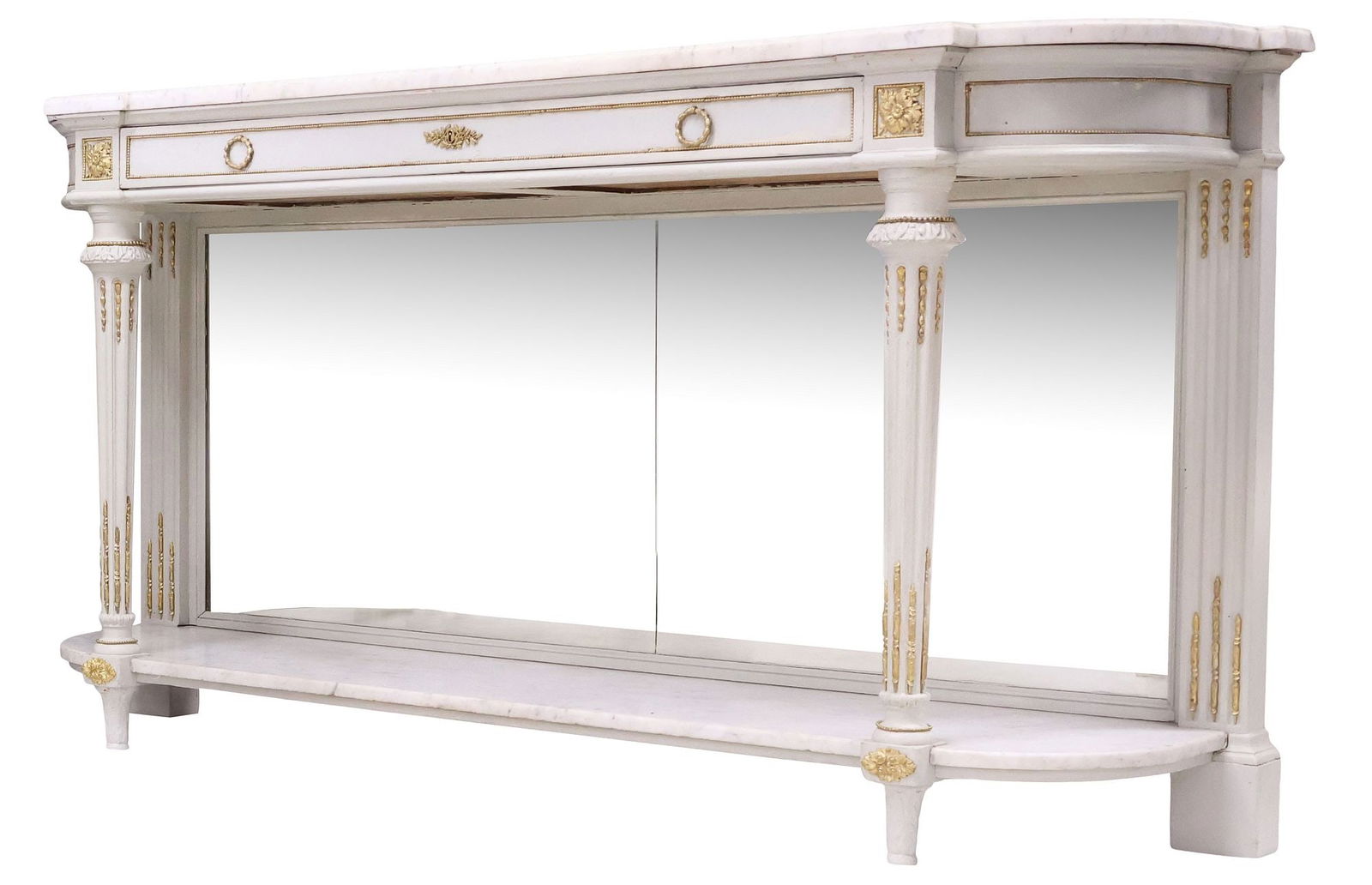 FRENCH LOUIS XVI STYLE MARBLE-TOP PAINTED CONSOLE TABLE: French Louis XVI style parcel-gilt and painted console table, early 20th c., having shaped marble top and frieze drawer, rising over mirrored back, on tapering fluted supports, joined by medial shelf,