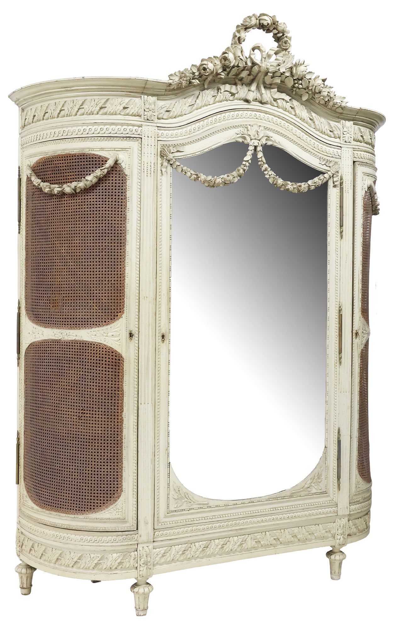 FRENCH LOUIS XVI STYLE PAINTED & CANED MIRRORED ARMOIRE (1 of 4)