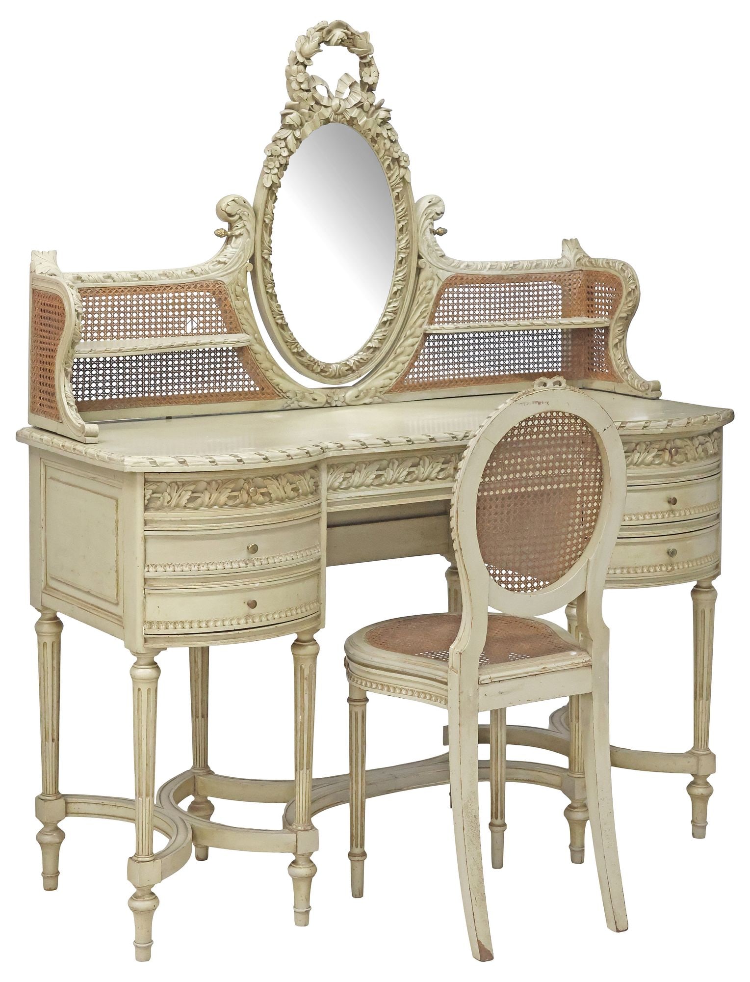 (2) FRENCH LOUIS XVI STYLE PAINTED & CANED VANITY TABLE & DRESSING CHAIR (1 of 8)