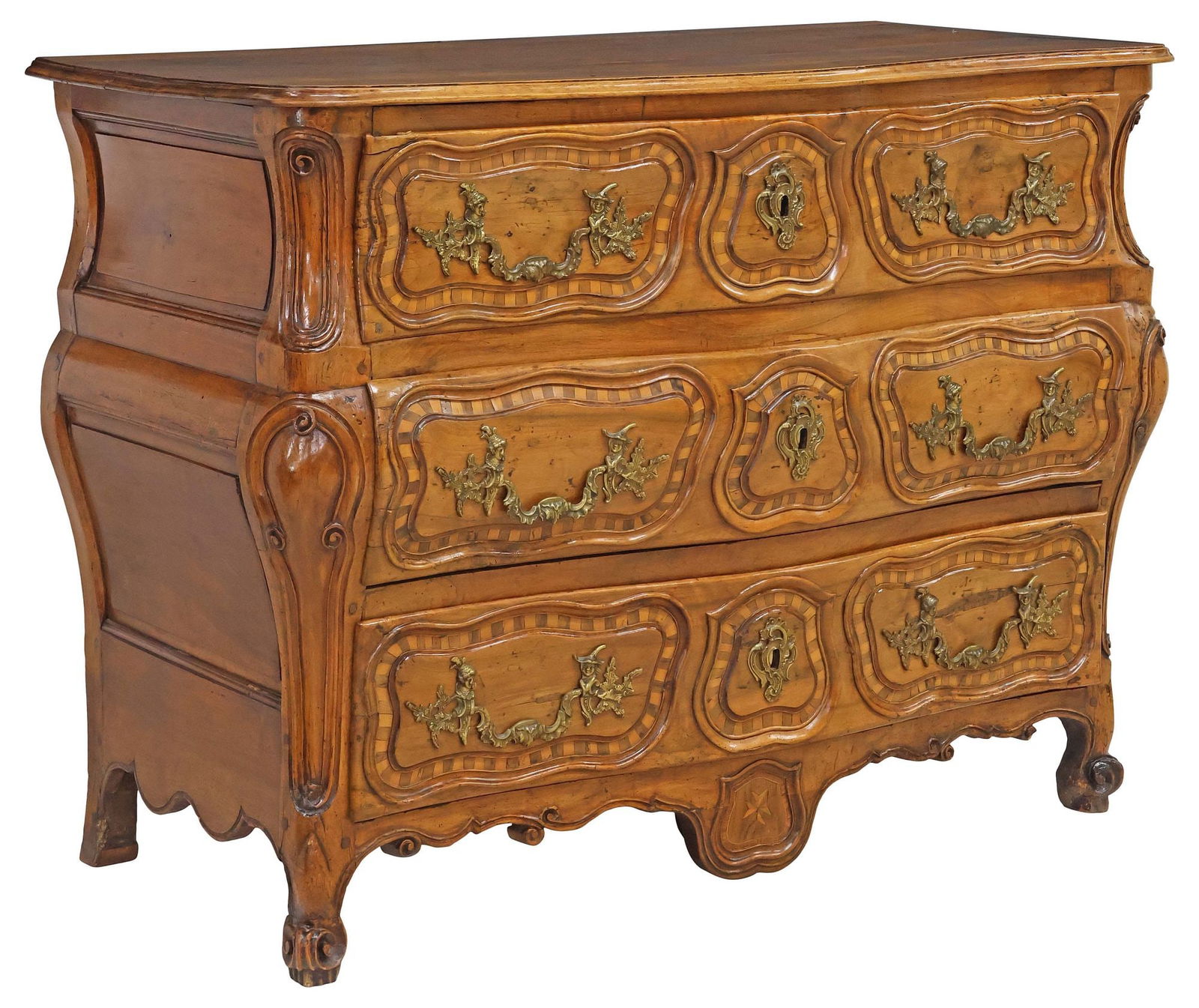 FRENCH LOUIS XV PERIOD INLAID WALNUT BOMBE COMMODE (1 of 6)