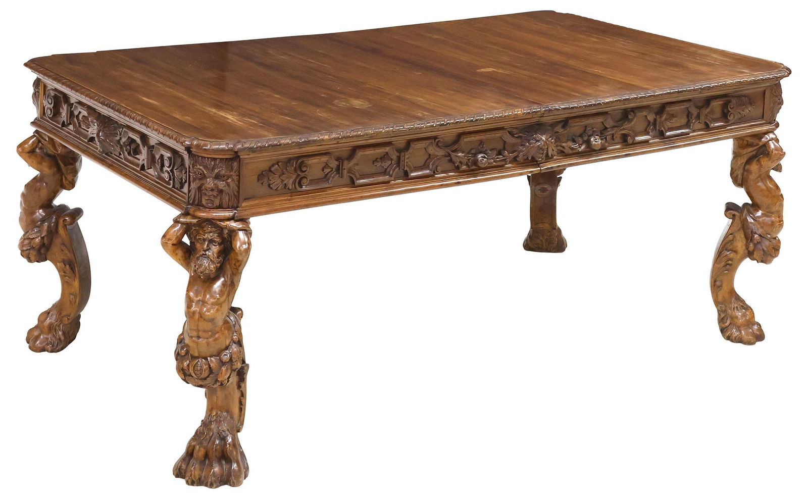 R.J. HORNER (ATTRIB.) 'MAN OF THE MOUNTAIN' CARVED WALNUT EXTENSION DINING TABLE (1 of 7)