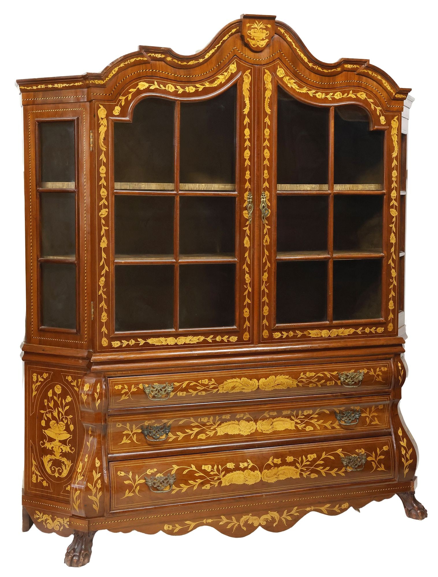 DUTCH BAROQUE STYLE WALNUT & FLORAL MARQUETRY DISPLAY CABINET (1 of 5)