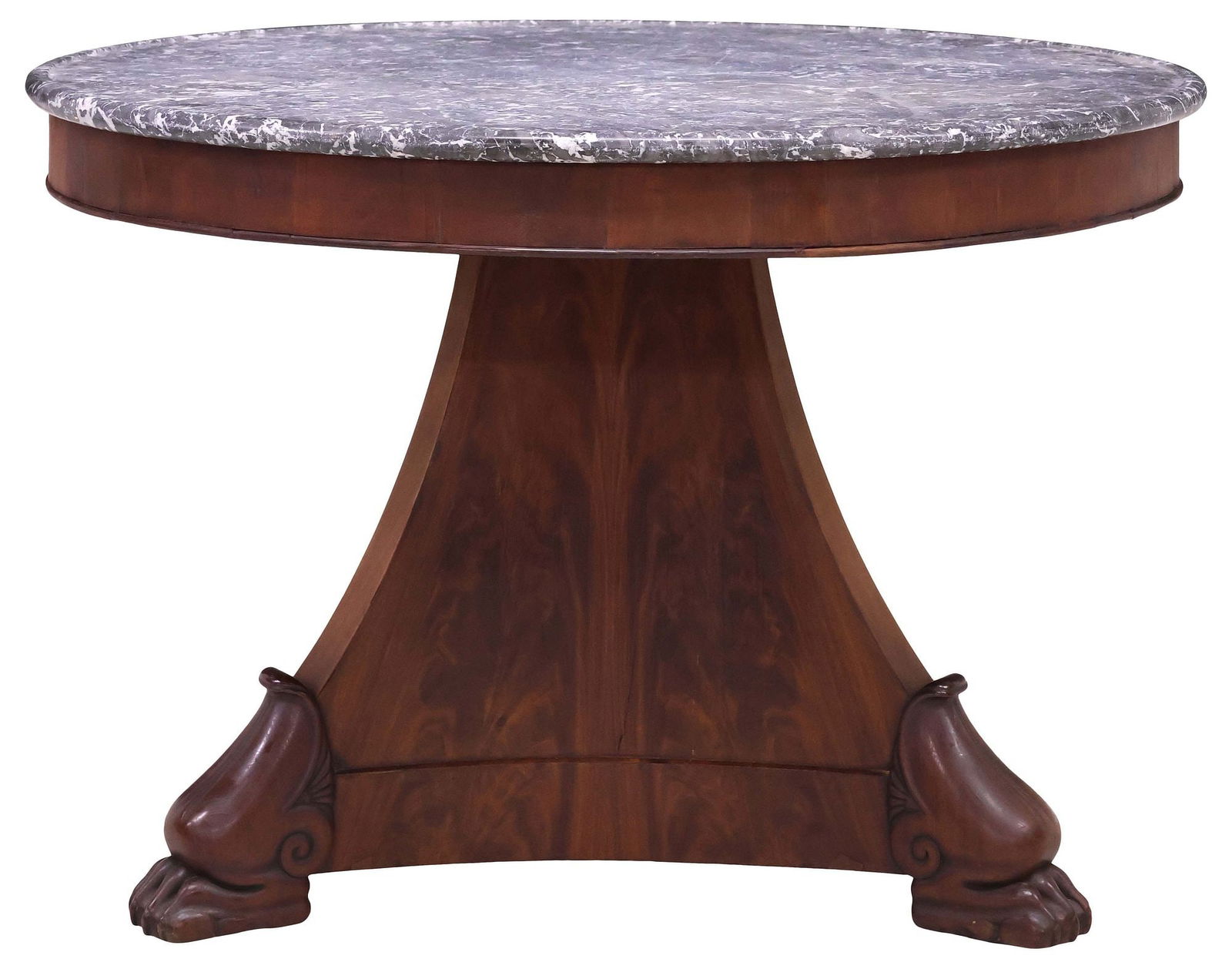 FRENCH EMPIRE STYLE MARBLE-TOP MAHOGANY CENTER TABLE/ GUERIDON: French Empire style mahogany center table/ gueridon, late 19th c.., having circular marble top, rising on tripartite pedestal, ending on platform base and paw feet, approx 27.25"h, 38"diam