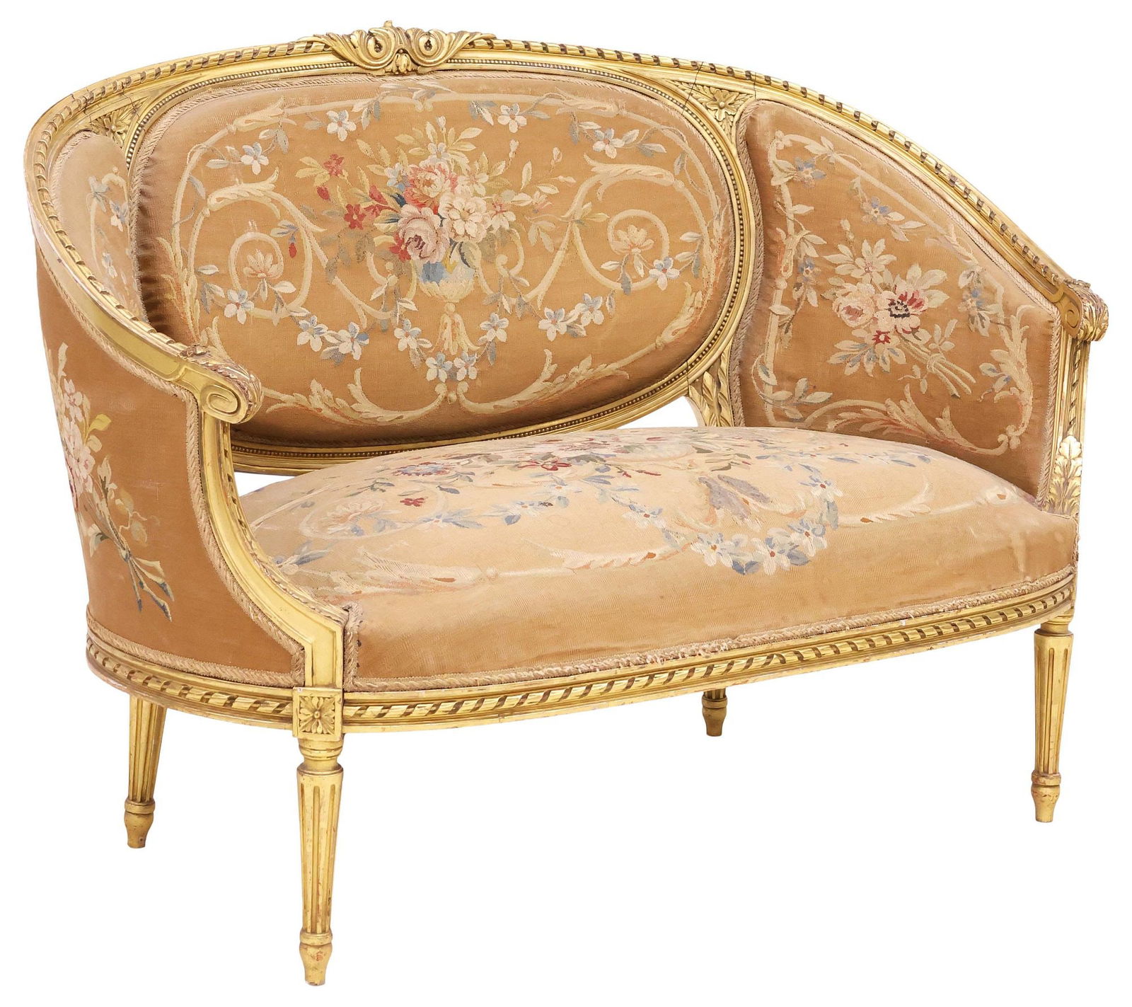 FRENCH LOUIS XVI STYLE TAPESTRY-UPHOLSTERED GILTWOOD CANAPE SOFA: Louis XVI style giltwood salon sofa, late 19th c., each having padded back, seat, and arms in an antique tapestry upholstery with floral urns, applique trim, rising on tapering fluted legs, ending on