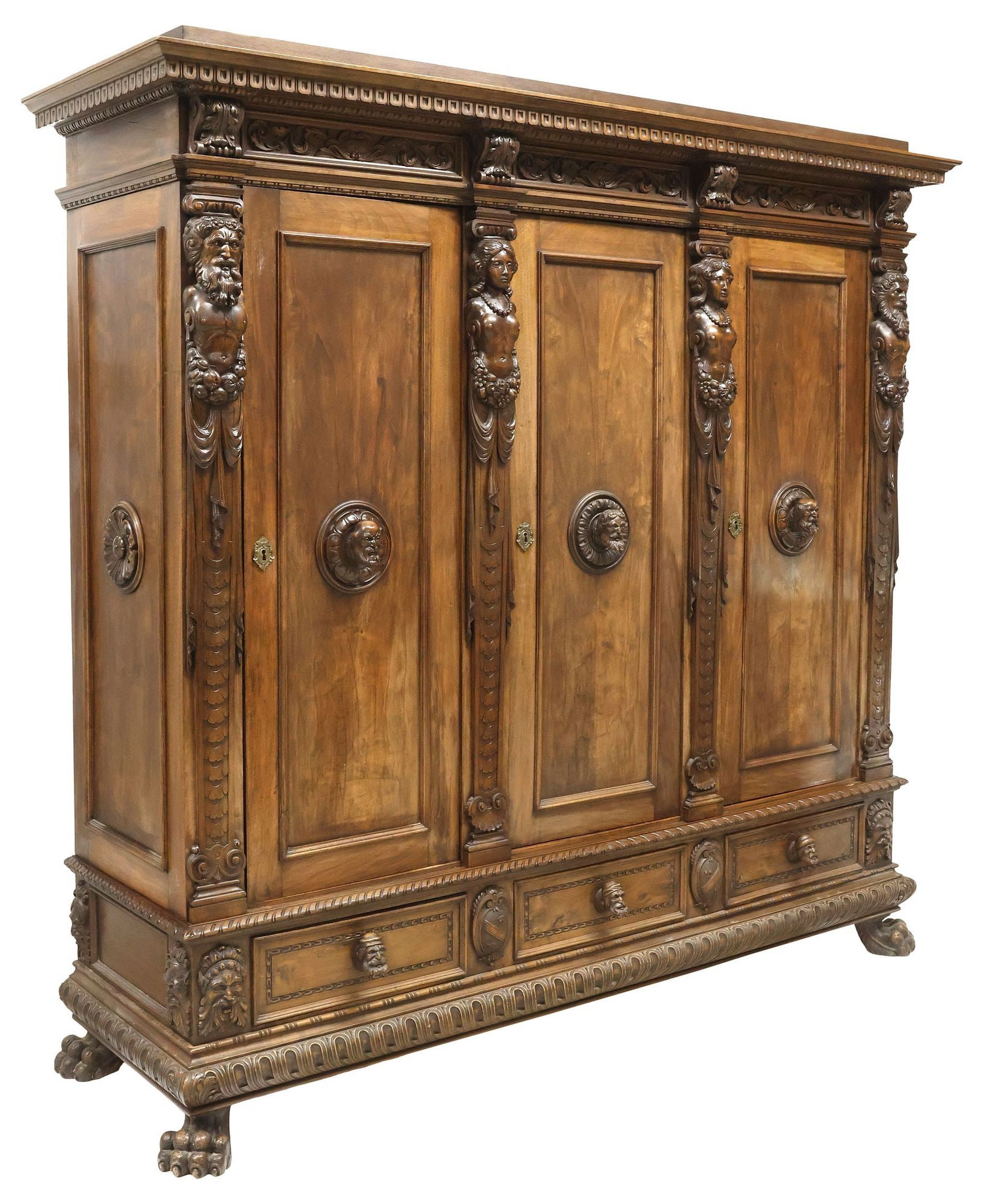 ITALIAN RENAISSANCE REVIVAL CARVED WALNUT FIGURAL ARMOIRE (1 of 7)