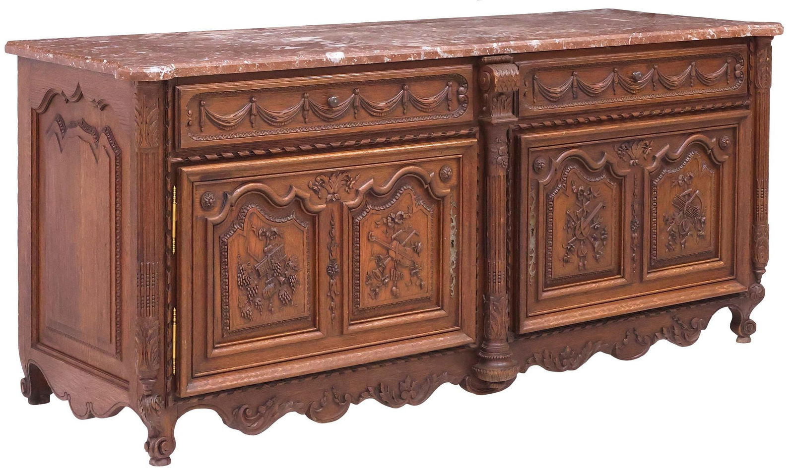 FINE FRENCH PROVINCIAL LOUIS XV STYLE MARBLE-TOP CARVED OAK SIDEBOARD (1 of 8)