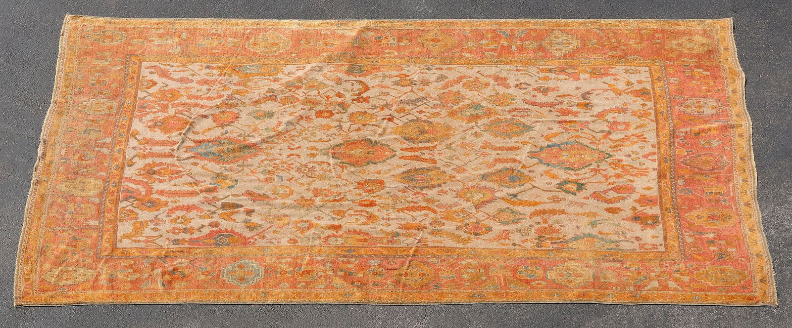 LARGE ESTATE HAND-TIED TURKISH OUSHAK RUG, 15'4" X 11'4": Estate hand-tied Oushak rug, Turkey, approx 15'4"l, 11'4"w **Provenance: the Stanley Family's fine Tarrytown Estate. Originally purchased from Nazmiyal Antique Rugs, New York City, for $40,000** **Ple