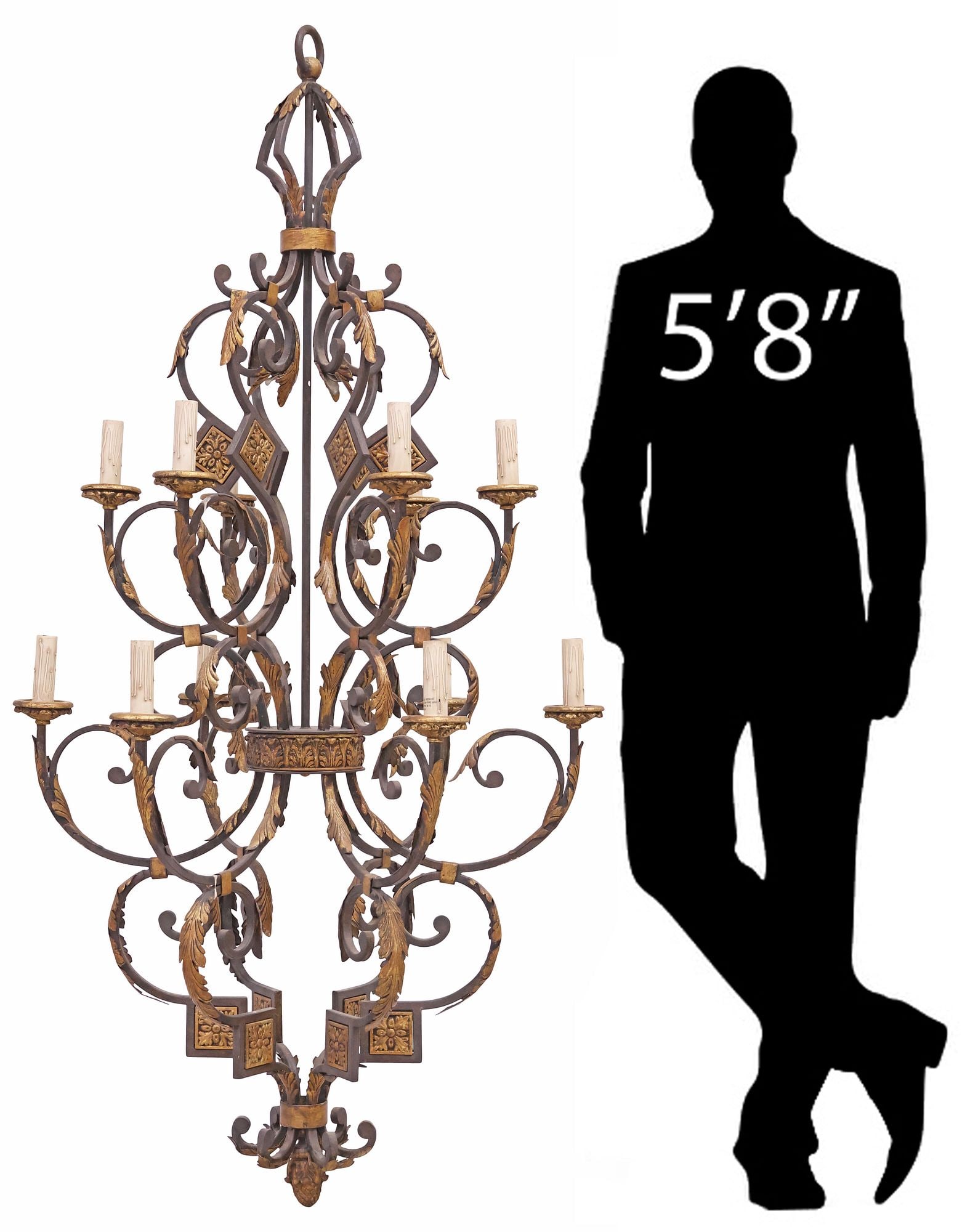 LARGE PARCEL-GILT WROUGHT IRON SCROLLING 12-LIGHT CHANDELIER, 70"H: Large scrolled wrought iron twelve-light chandelier, 20th c., having two tiers, both with six scrolled arms, each issuing a single light with faux candle cover, with parcel-gilt accents and molded