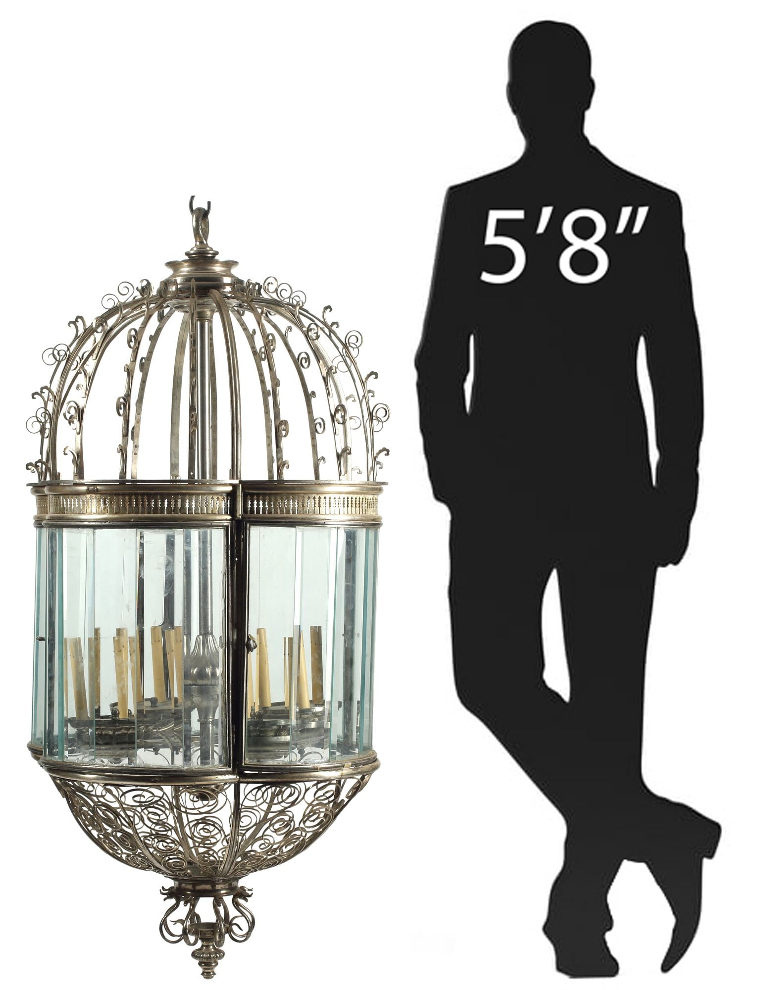 LARGE SILVERED BRONZE & BEVELED GLASS 13-LT HANGING LANTERN: Large silvered bronze hanging lantern, having domed ceiling with raised scroll motifs, over colorless beveled glass shades, concealing thirteen lights with faux candlesticks, terminating on pierced ba