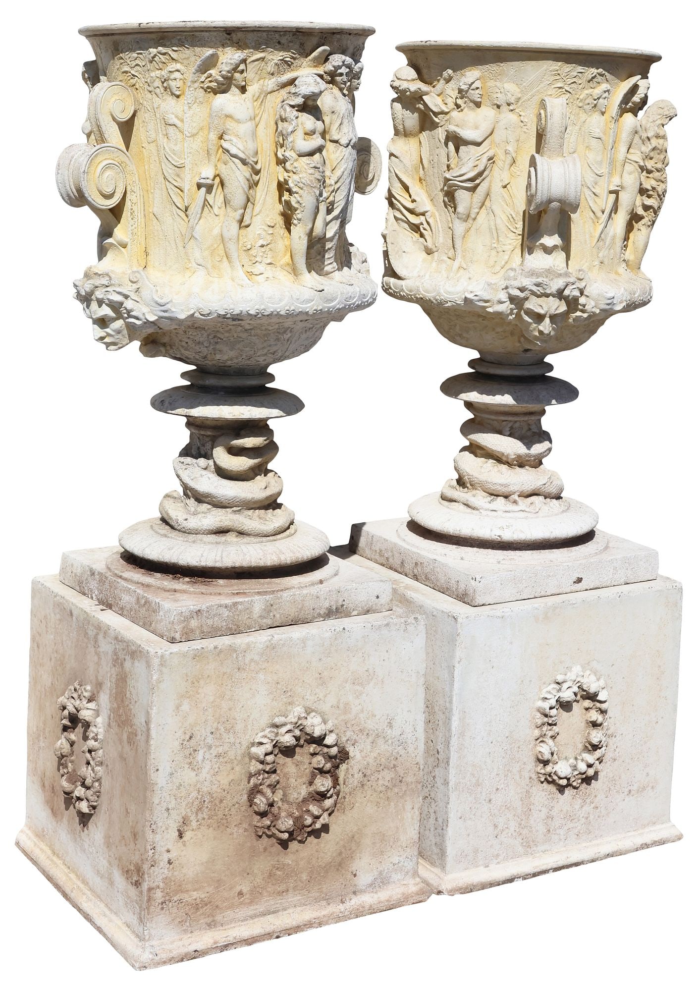 (2) MONUMENTAL CAST STONE CAMPANA-FORM GARDEN URNS ON PLINTHS, 69"H (1 of 6)