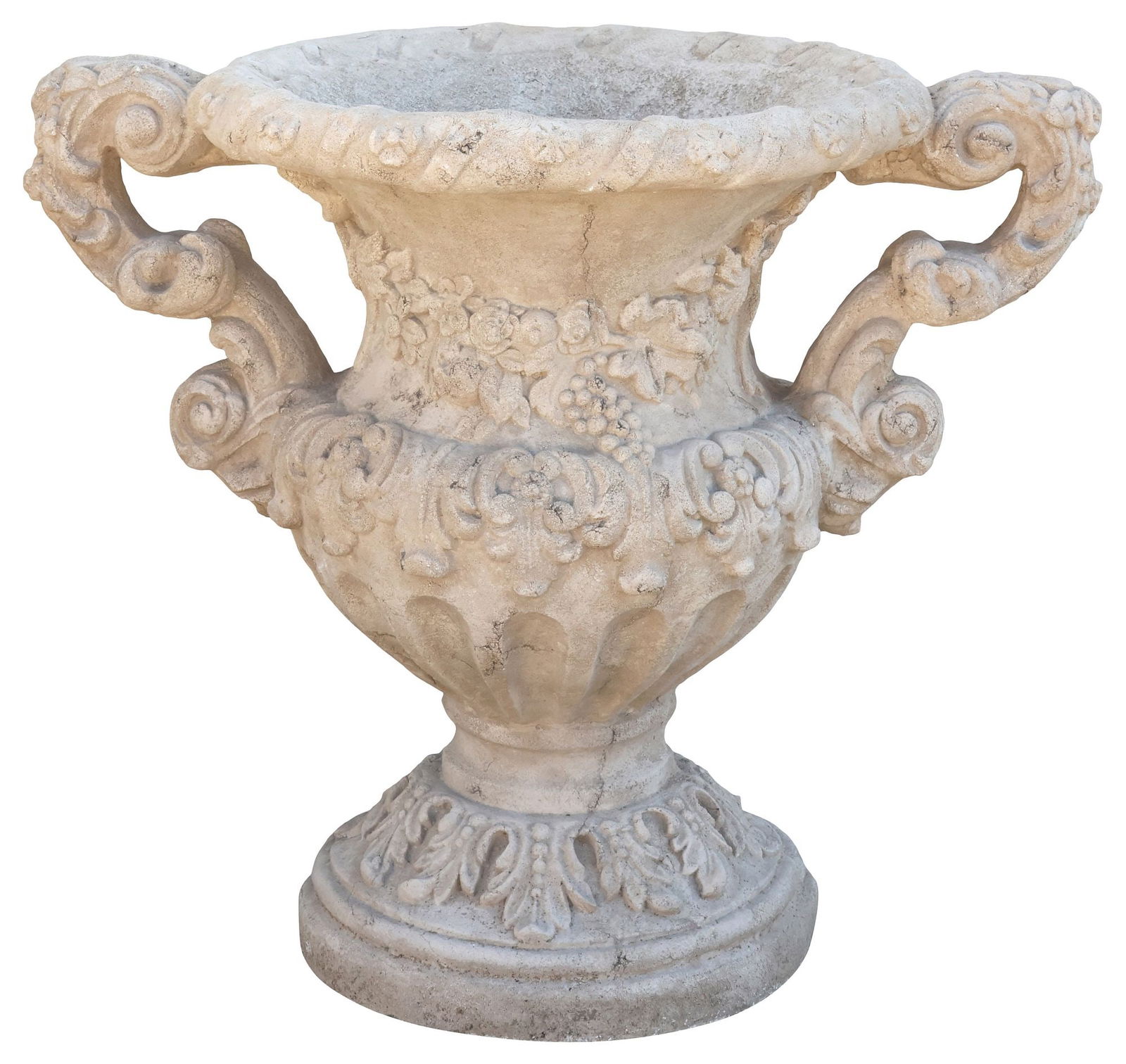 LARGE BAROQUE STYLE CAST STONE CAMPANA-FORM GARDEN URN, 31.5"H: Large Baroque style cast stone garden urn, of campana form, having flared rim with floral motifs, foliated body flanked by elaborate scroll handles, the lower body fluted, rising on socle base with
