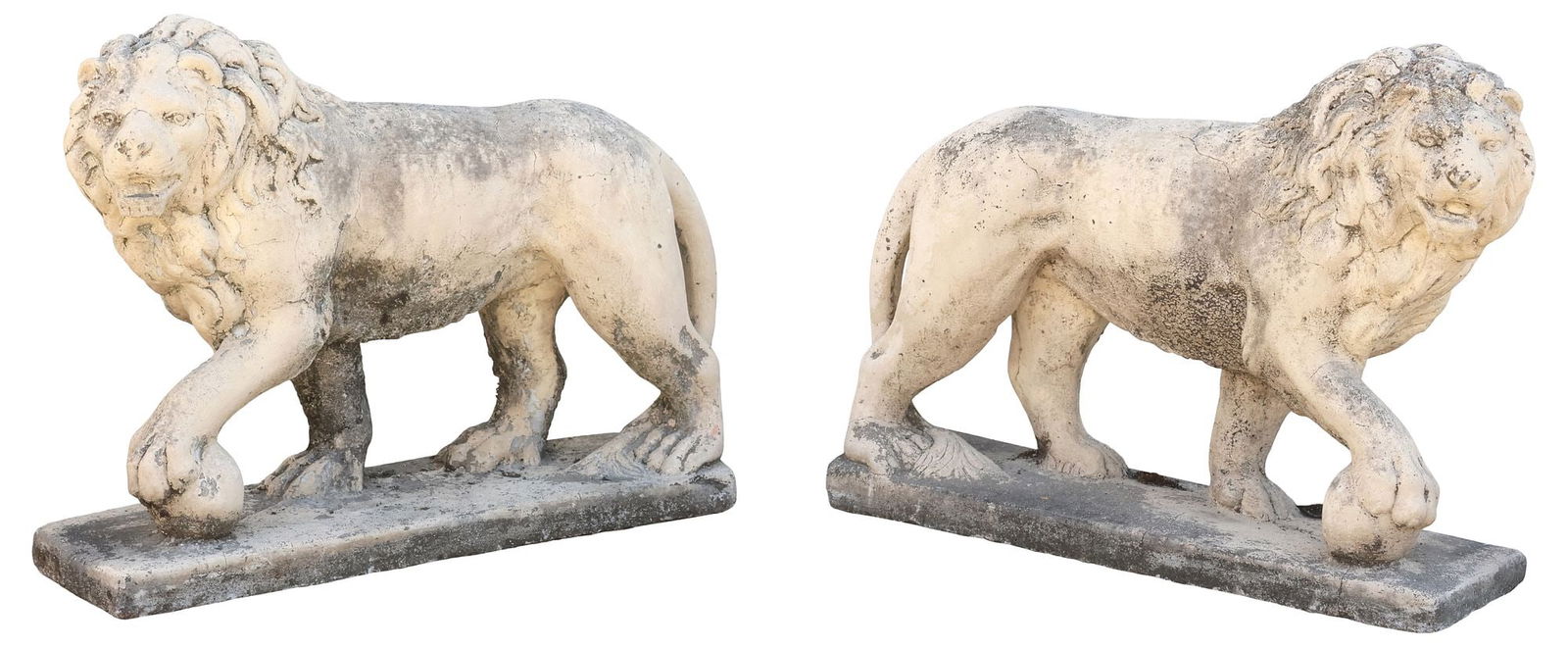 (2) PAINTED CAST STONE GARDEN STATUARY STANDING LIONS: (pair) Cast stone garden sculptures, Standing Lions, with front paw perched on a ball, in a worn, tan painted finish, approx 22.5"h, 28"w, 9"d **PLEASE NOTE: All cast stone and garden pieces in this a
